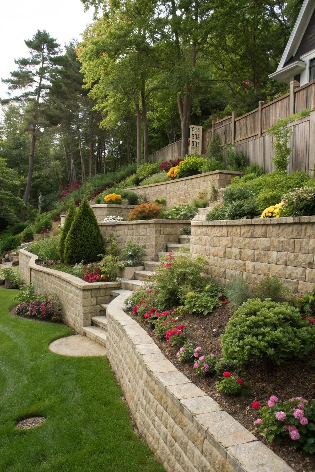 Retaining walls offer stability and aesthetic appeal.