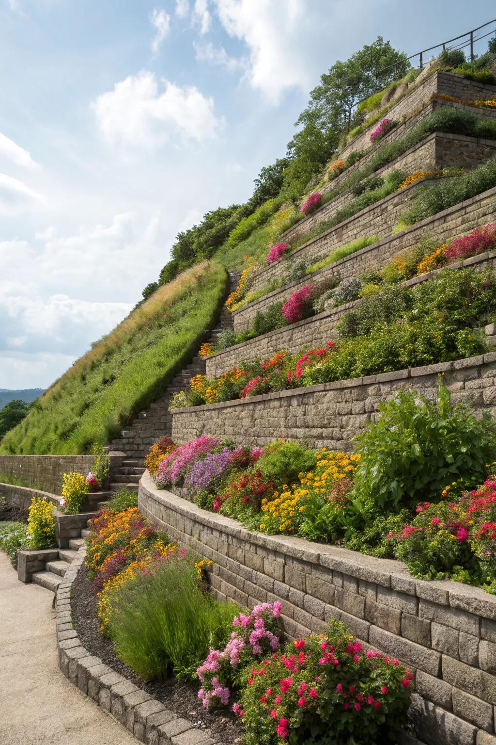 Retaining walls transforming a steep slope into terraced garden levels.