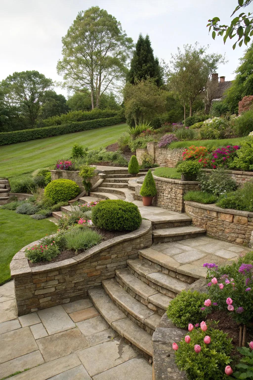 Steps and pathways add charm and accessibility to terraced gardens.