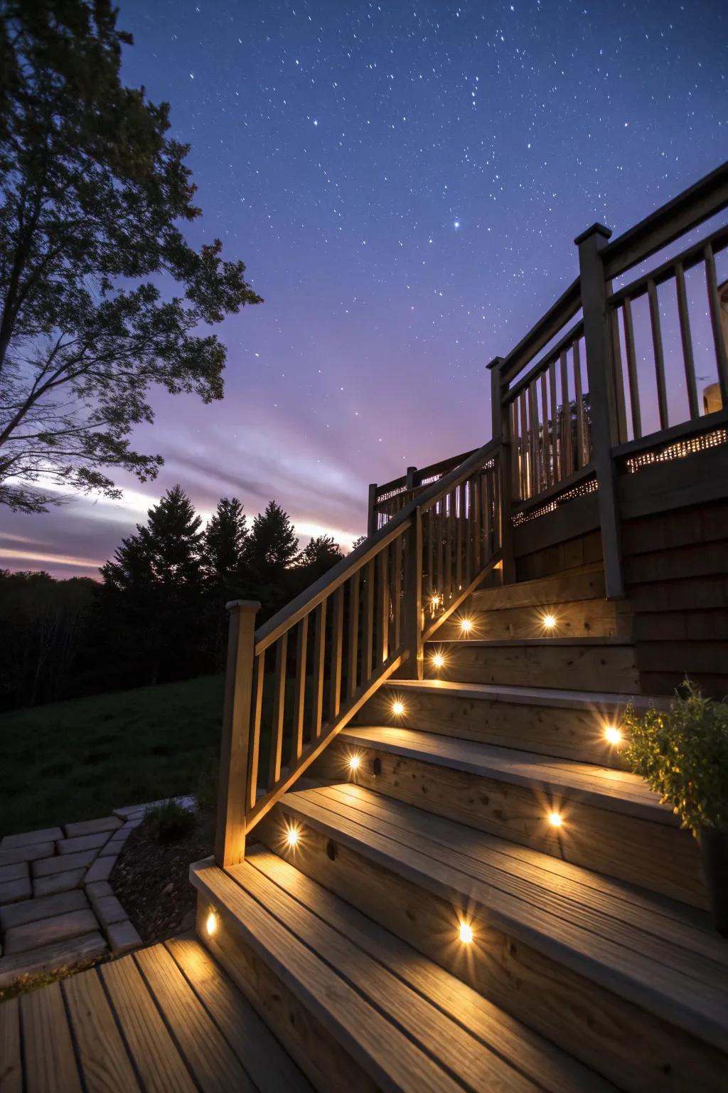 Integrated lighting turns deck steps into a nighttime feature.