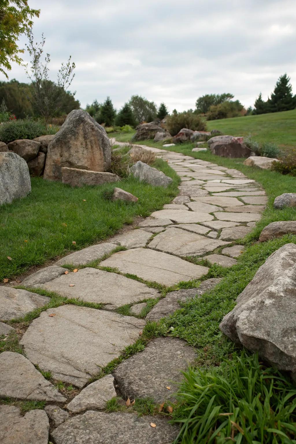 A harmonious stone path with grass and rocks for a natural look.
