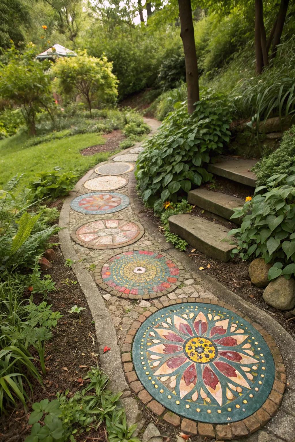 Colorful mosaic stepping stones in a garden path, each step a piece of art