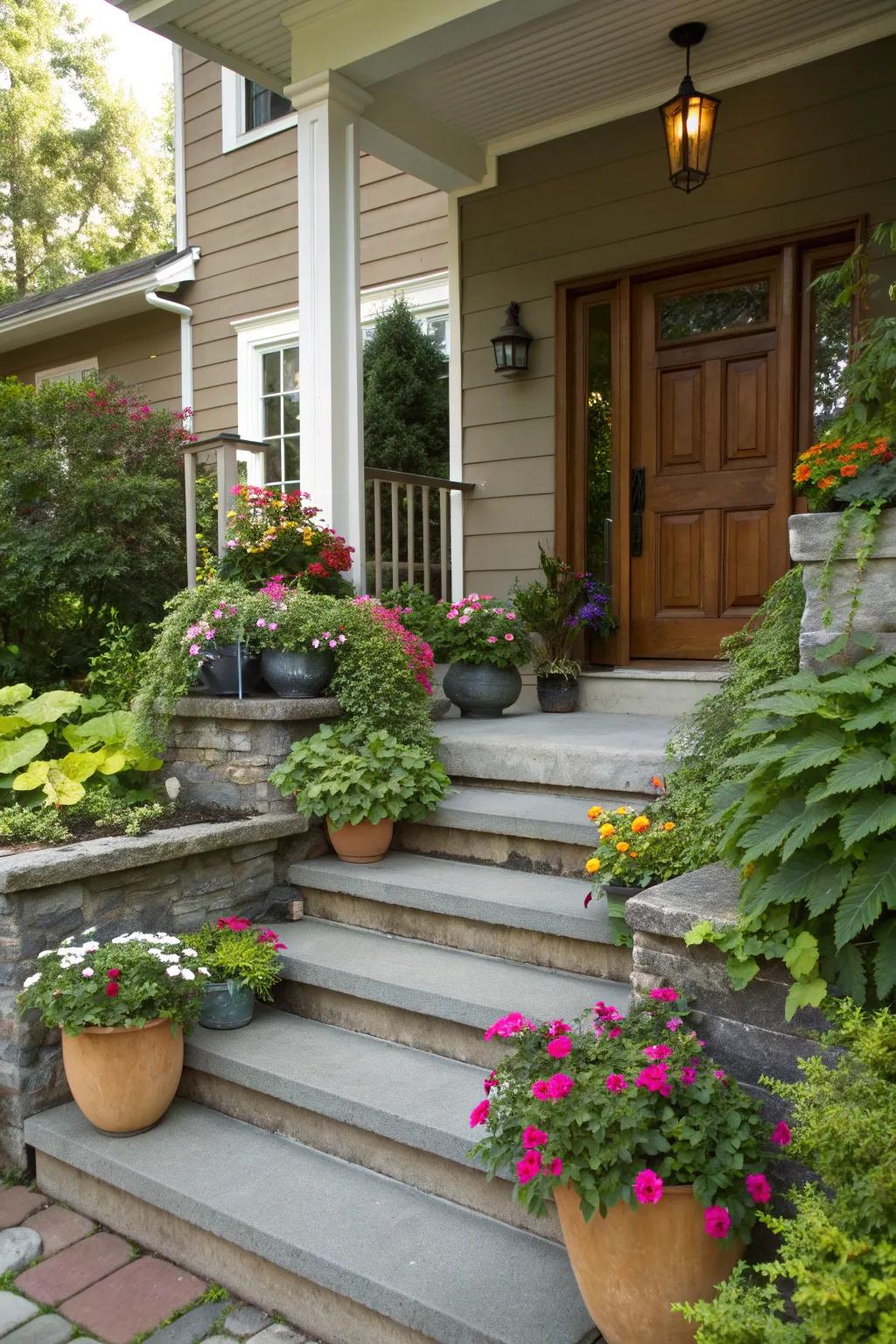 Lush greenery and flowers welcoming you home