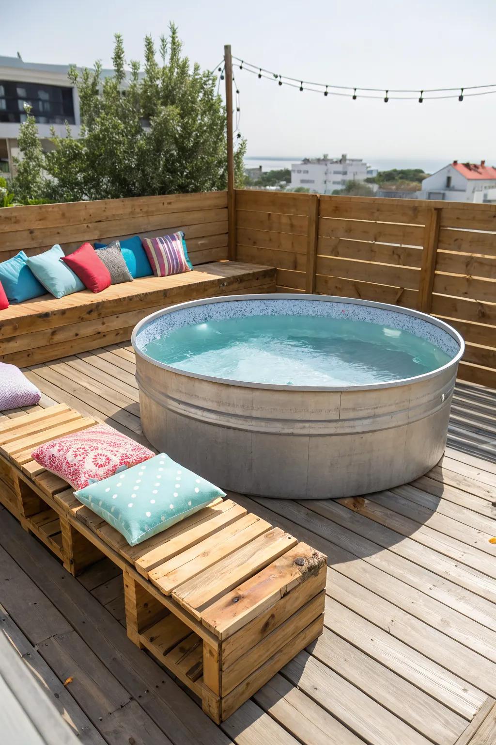 Relax in style with built-in seating around your stock tank pool.