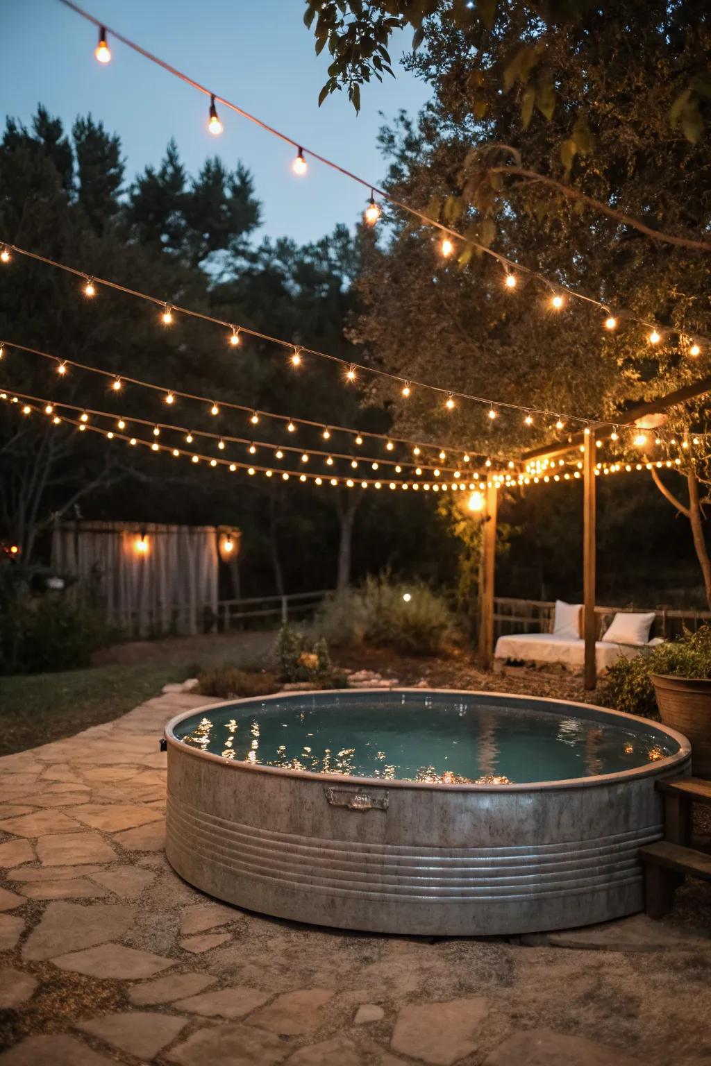 Evenings are magical with string lights above the pool.