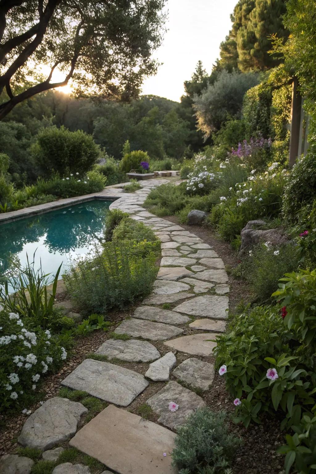 Stone pathways provide a natural transition around your pool.
