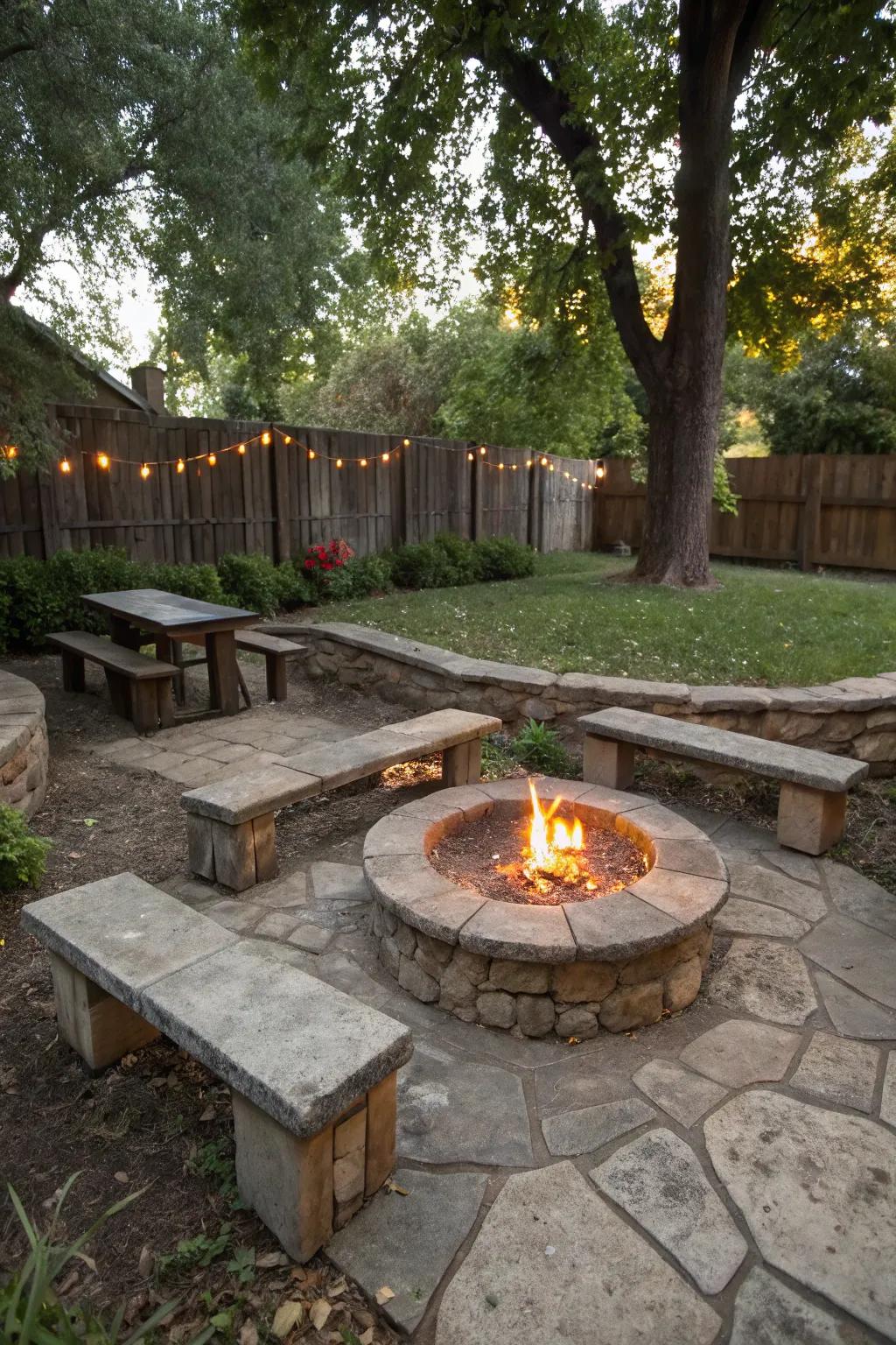Stone benches encircling a fire pit create a warm gathering spot.