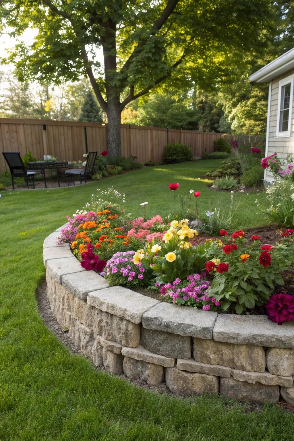Raised stone beds provide structure and elevation to garden designs.