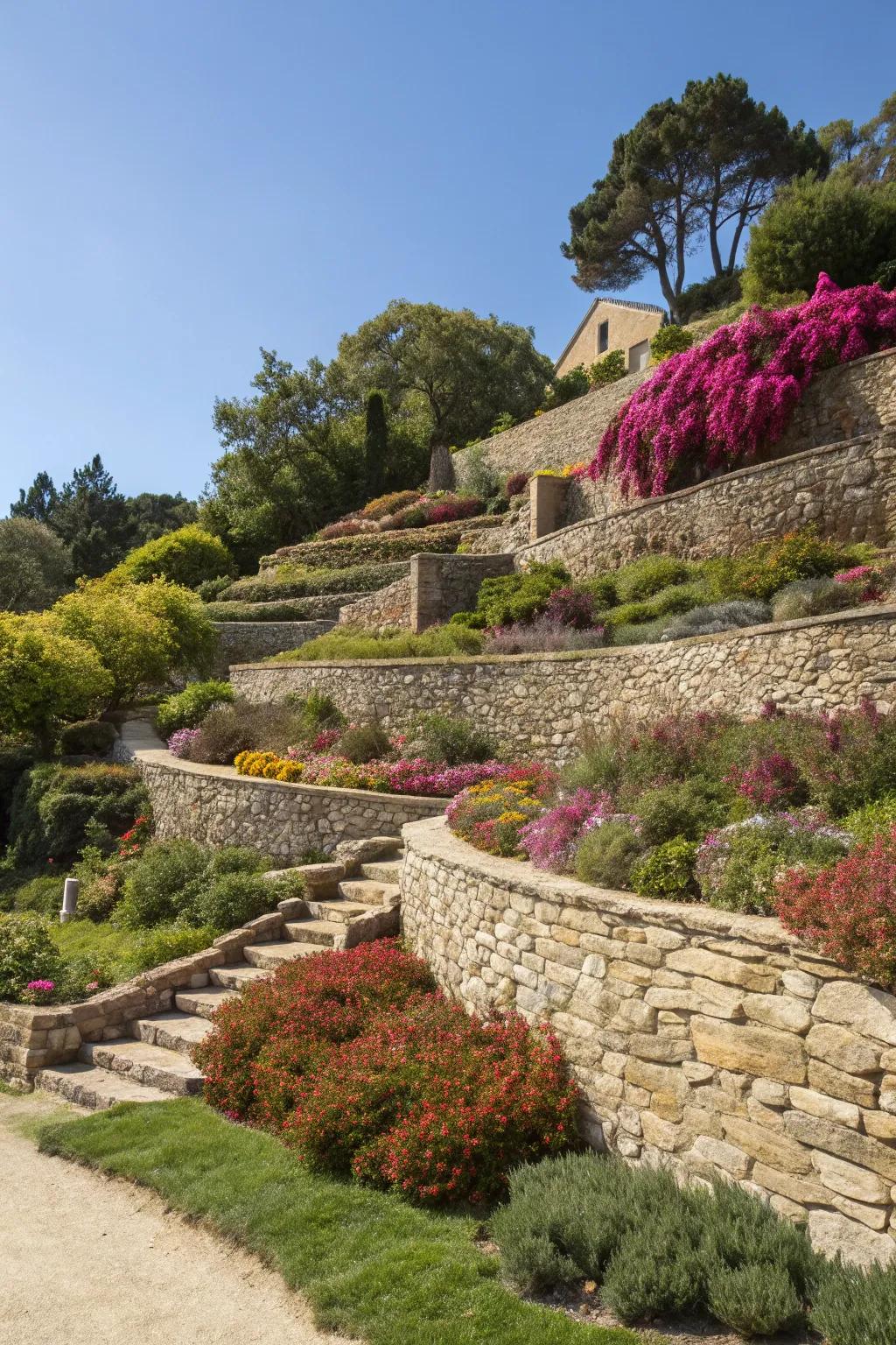Stone terracing adds layers and interest to gardens.