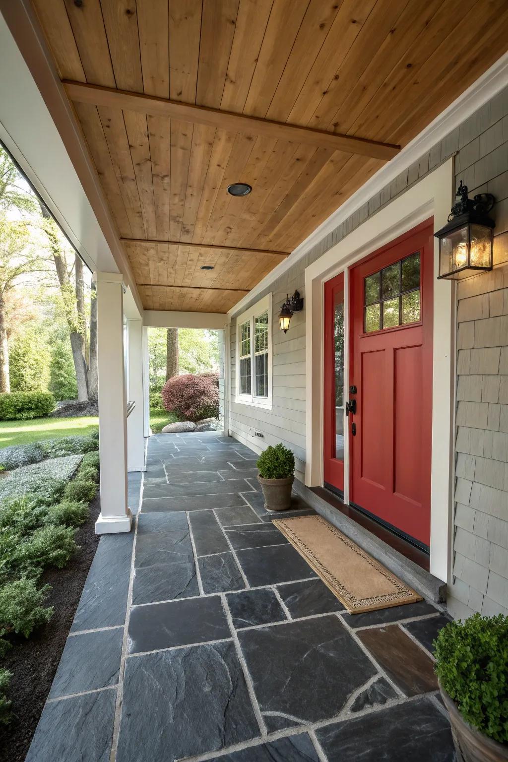 Dark stone flooring provides a classic yet low-maintenance look.