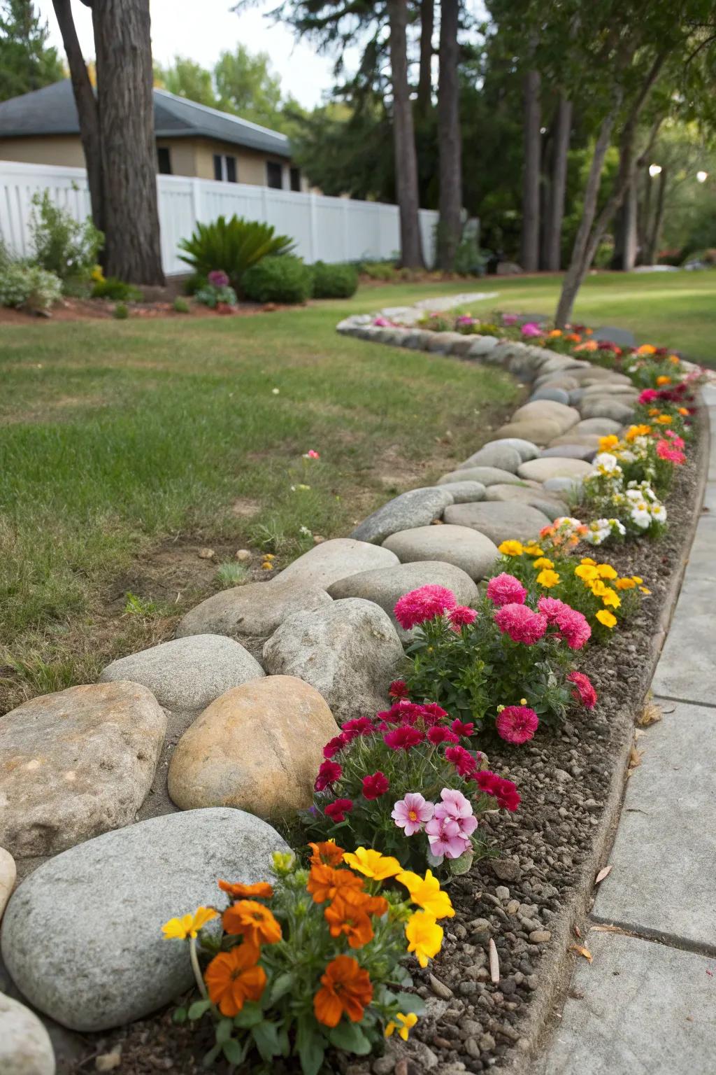 Stones elegantly outlining a vibrant flower bed.