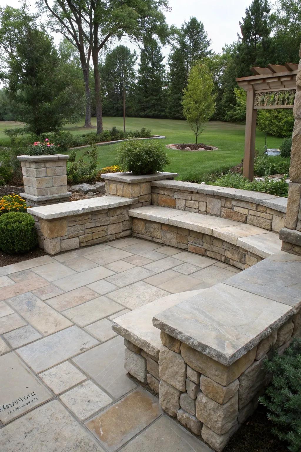 Built-in stone benches offer style and practicality.