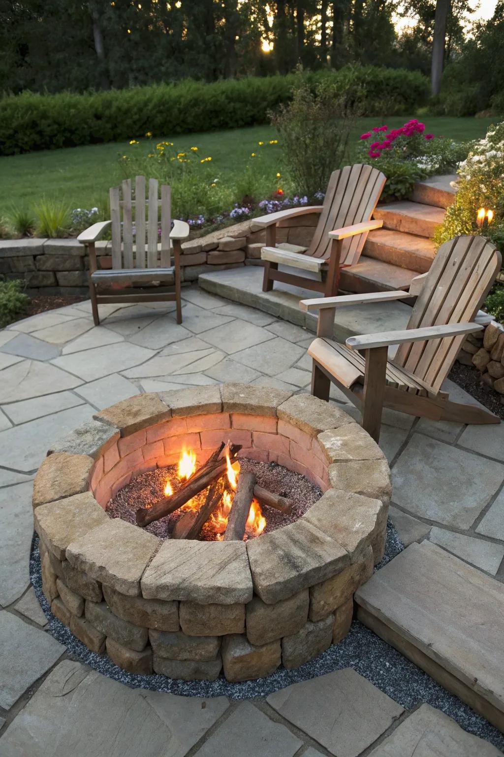 A charming DIY stone fire pit on a budget-friendly patio.