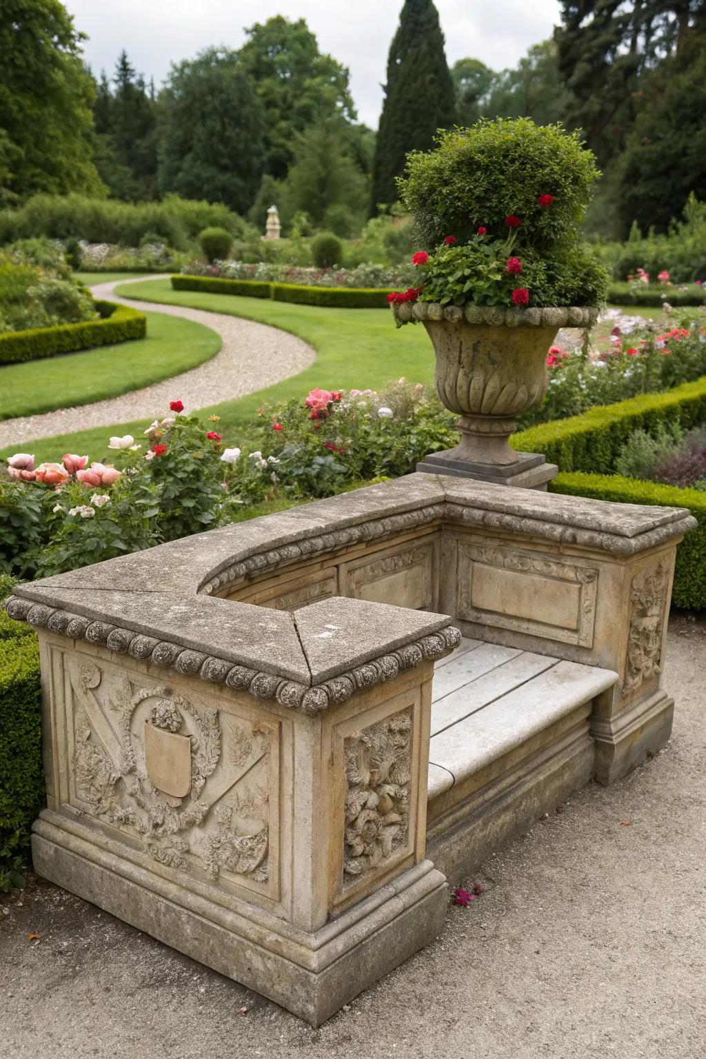 A stone planter box that doubles as a seating area.