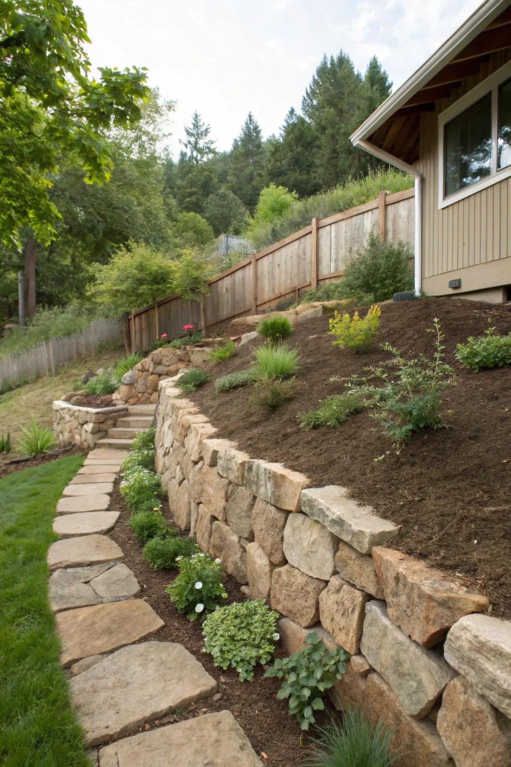 Natural stone retaining wall that harmonizes with the surrounding environment.