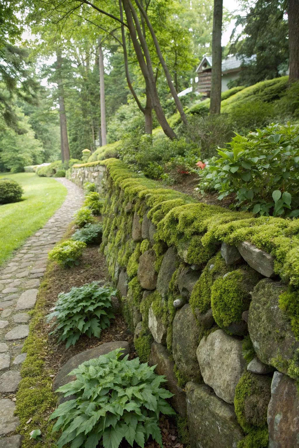 Irregular stones creating a rustic charm in the backyard.