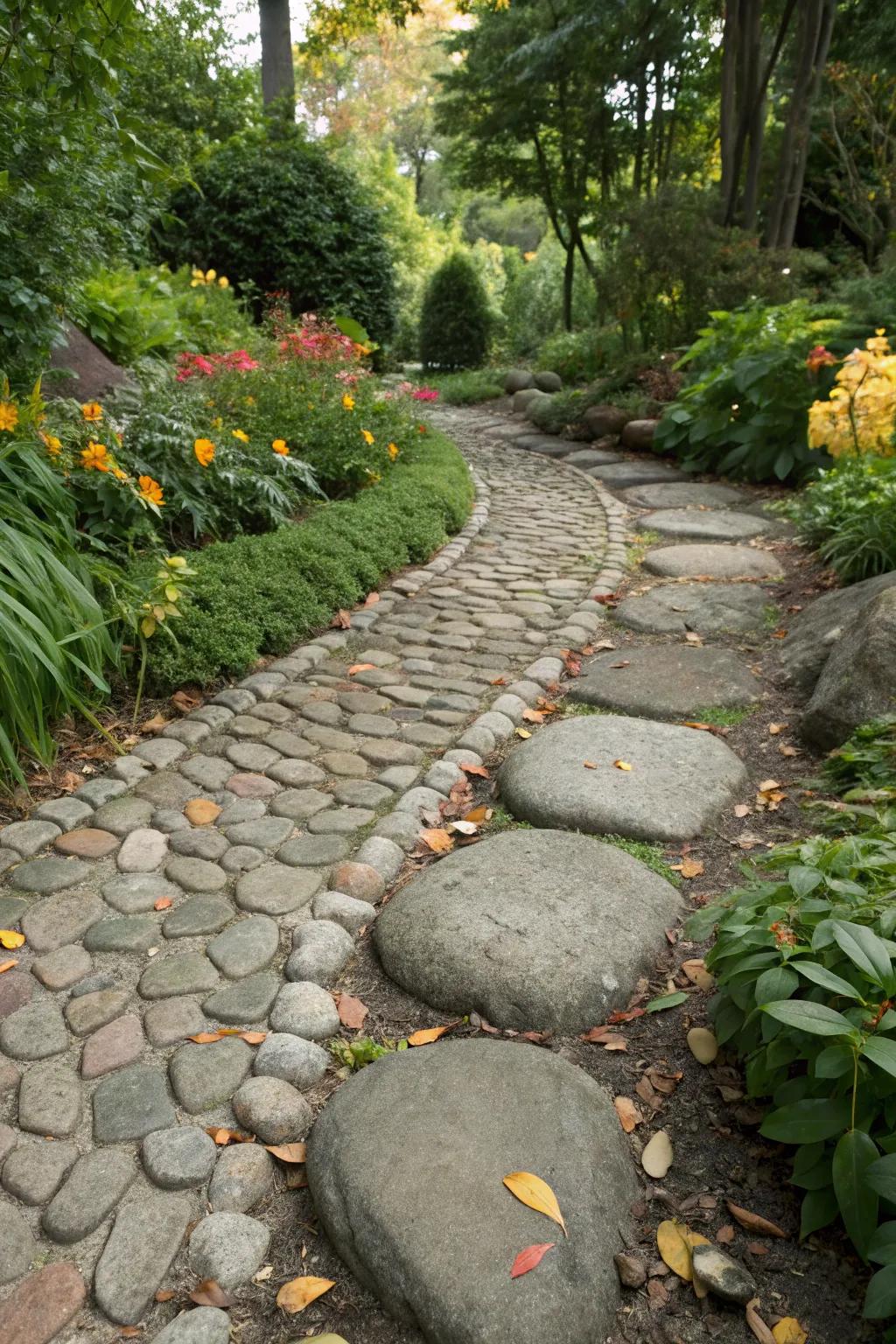 A mix of stone sizes adds texture to garden paths.