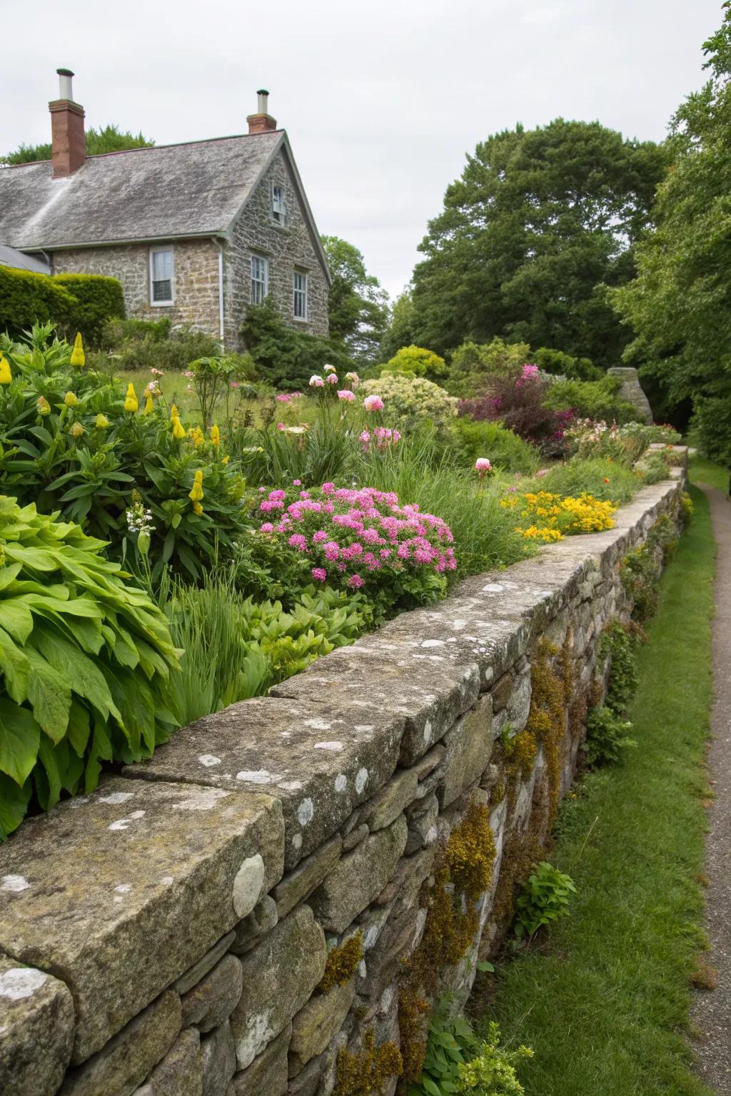 Stone walls provide a perfect boundary for a vibrant garden.