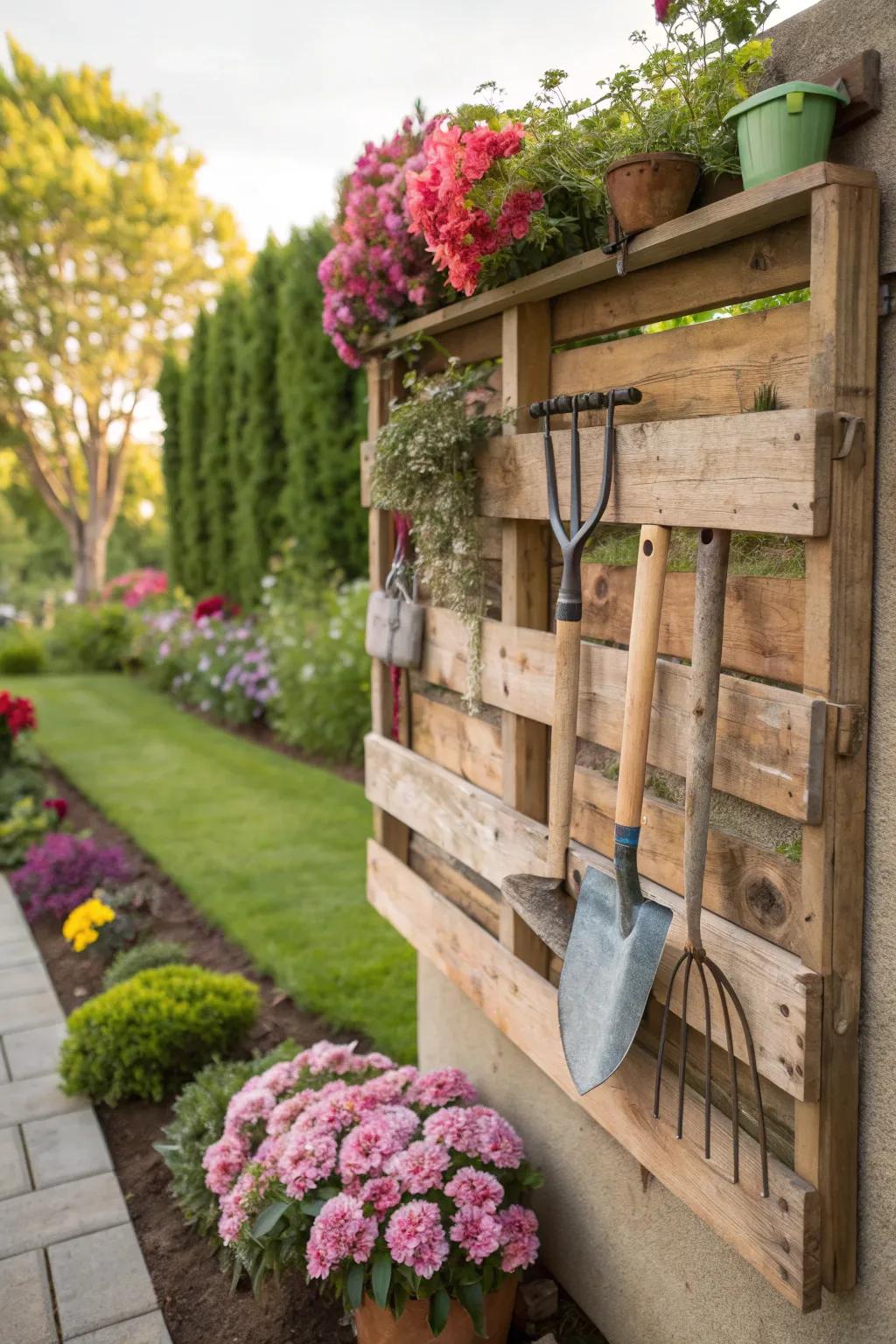 Repurpose pallets for a charming and practical tool storage solution.