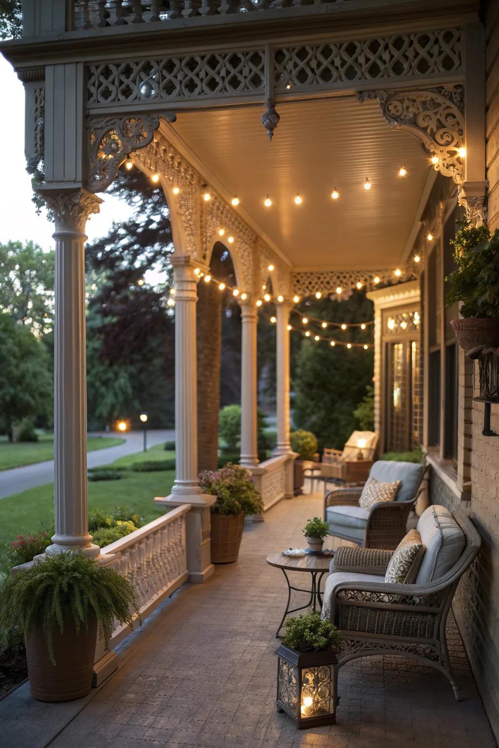 String lights emphasizing the architectural beauty of a front porch.