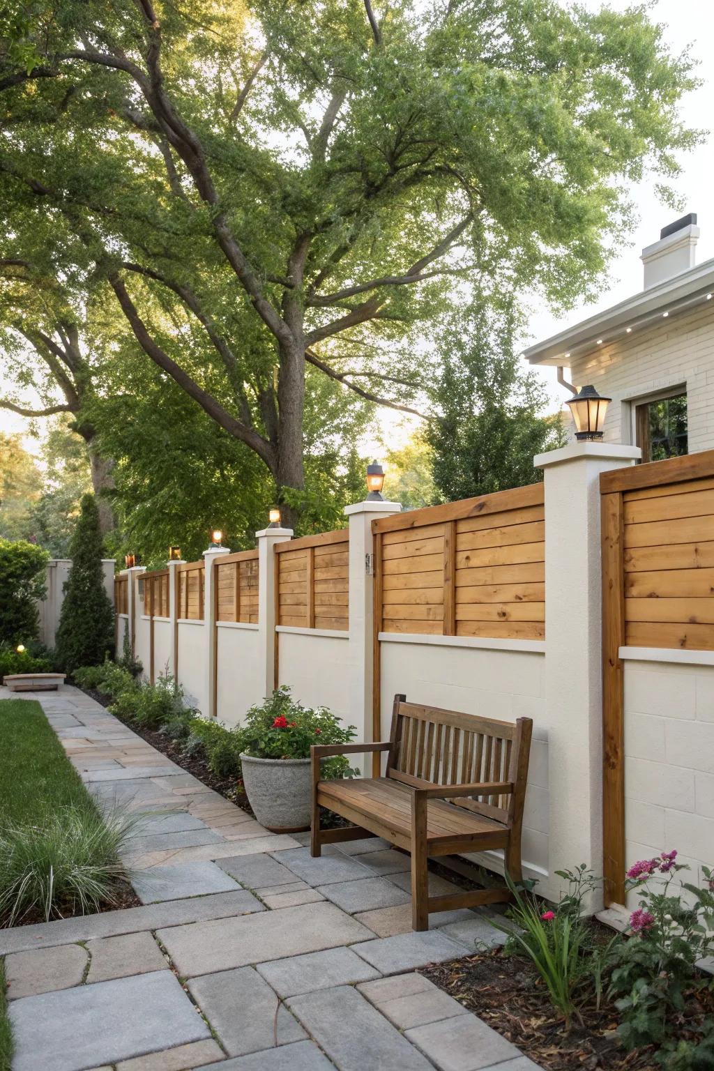 Stucco fence beautifully contrasted with wooden panels.
