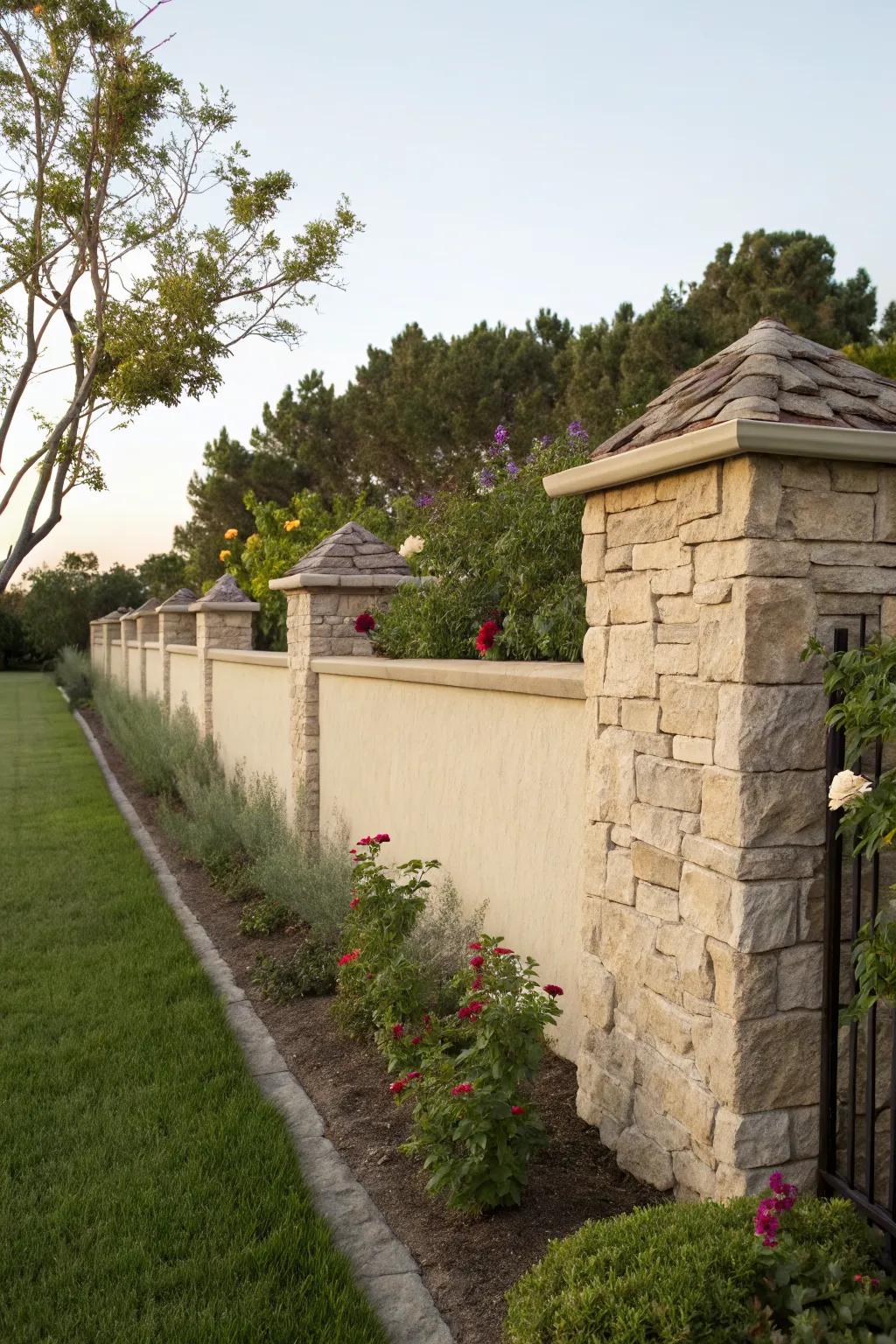 A stucco wall topped with beautiful stone caps.