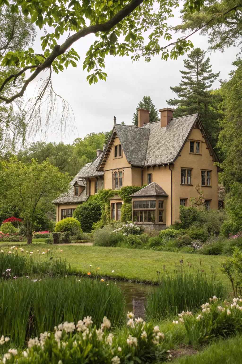 Traditional stucco house with classic architectural features.