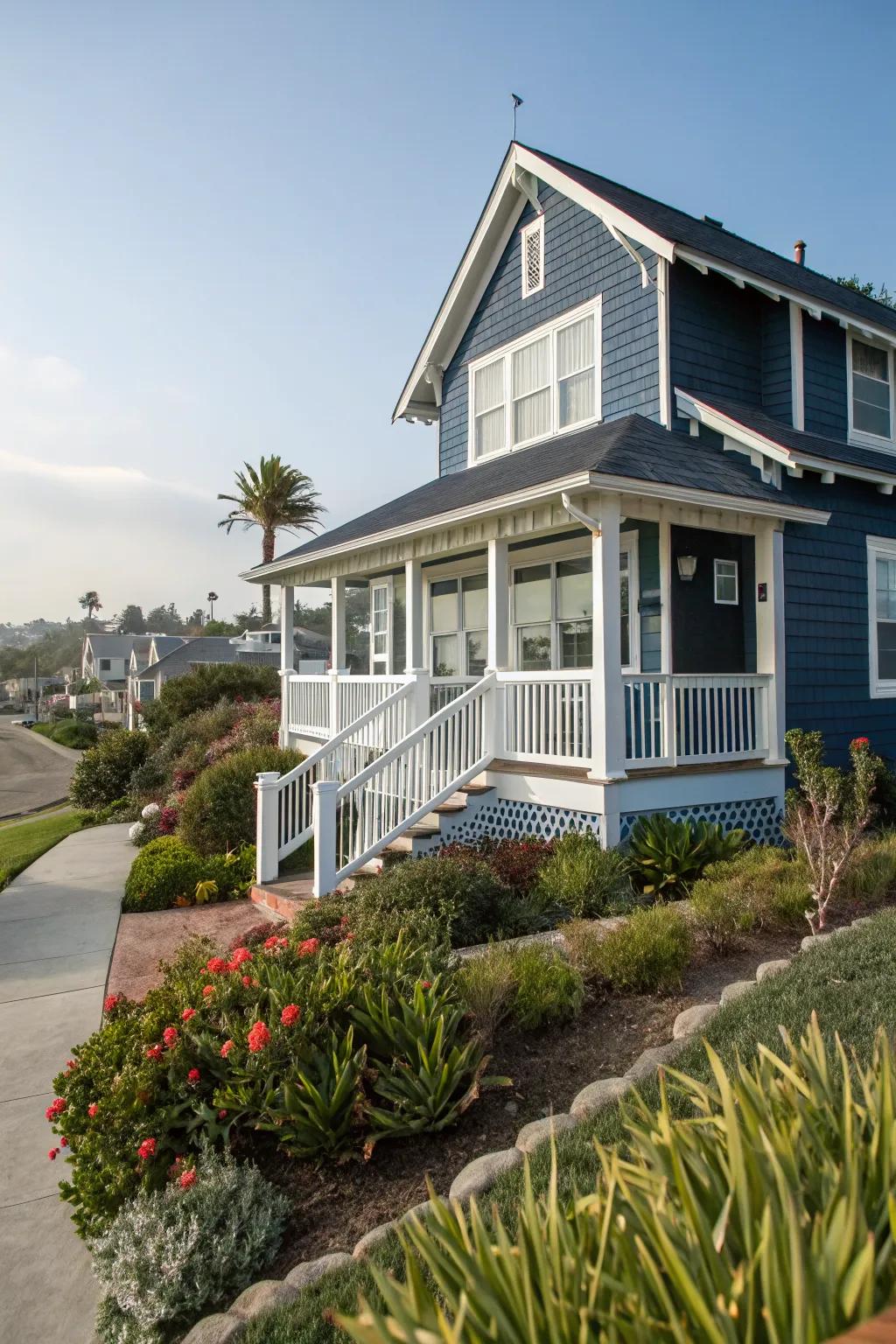 Navy stucco delivers a striking and sophisticated appearance.