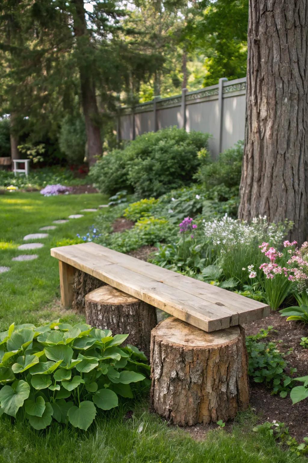 Combine stumps and planks for a rustic yet practical seating solution.