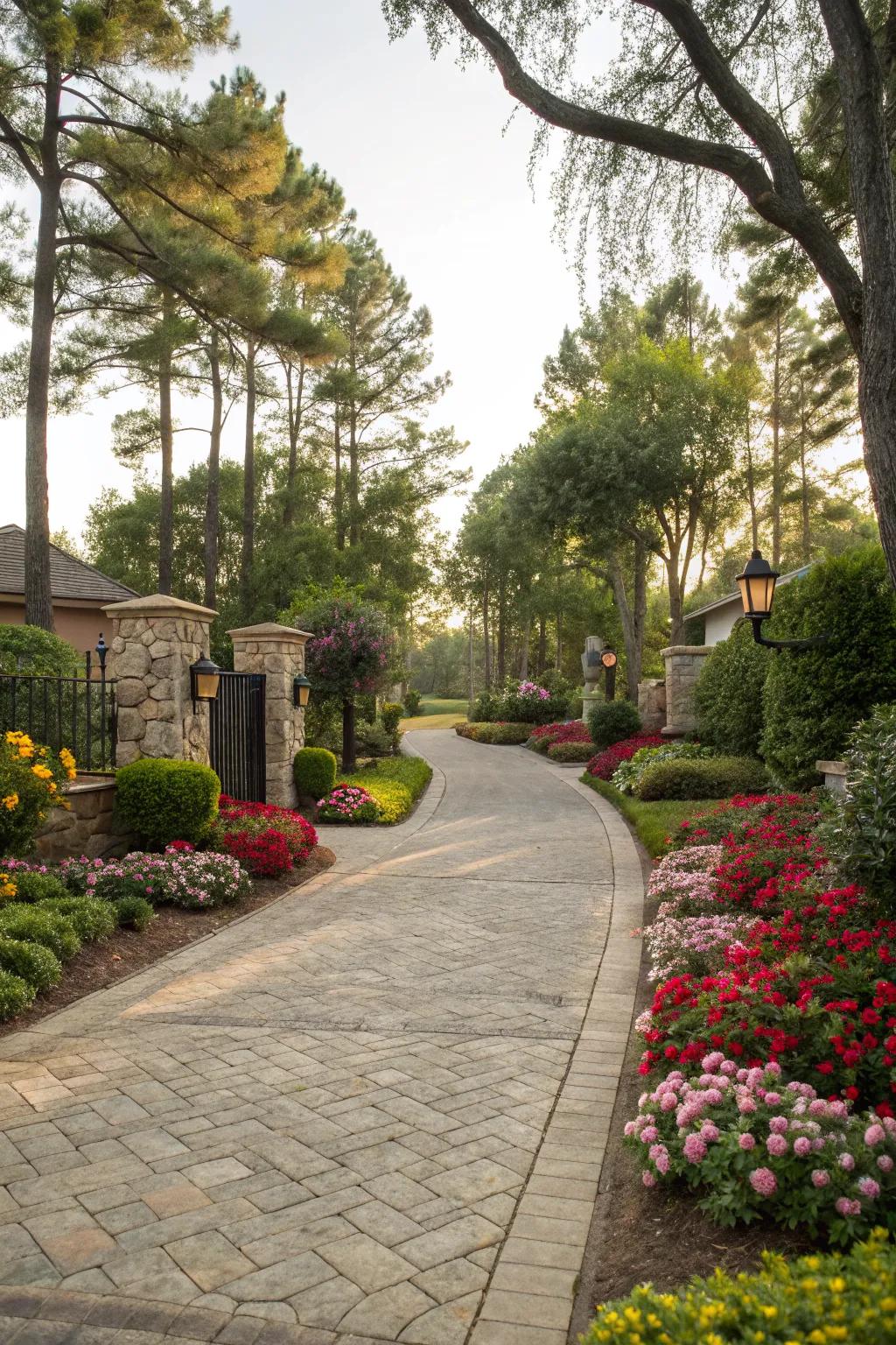 Vibrant landscaping enhances the entrance's welcoming feel.