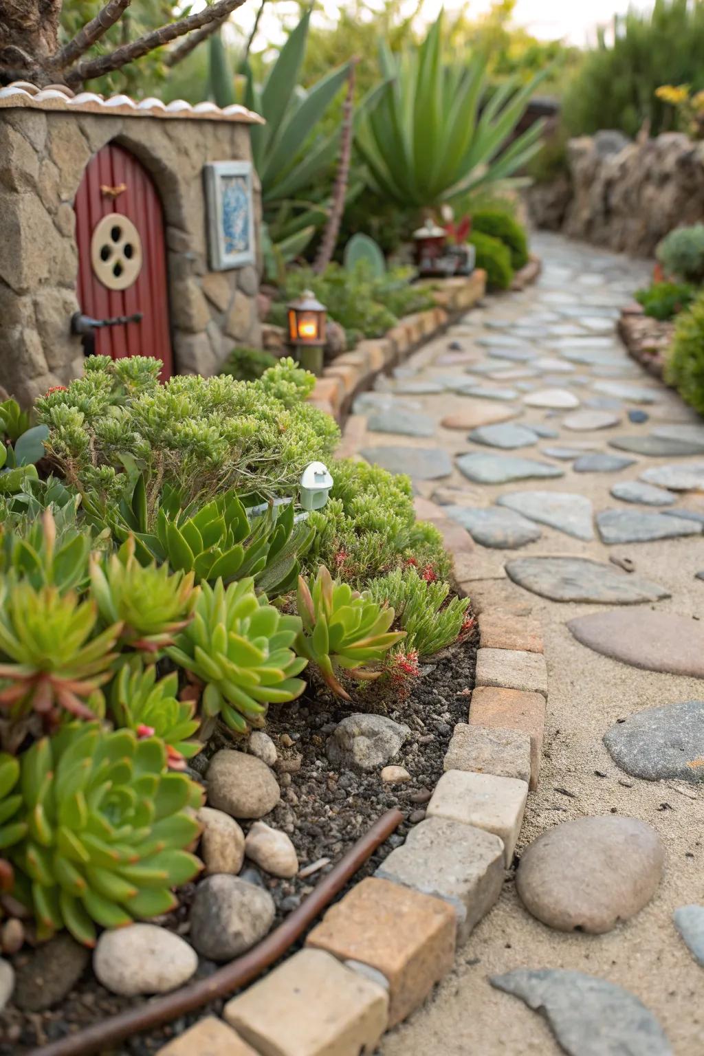Pebble pathways add depth and intrigue to your fairy garden.