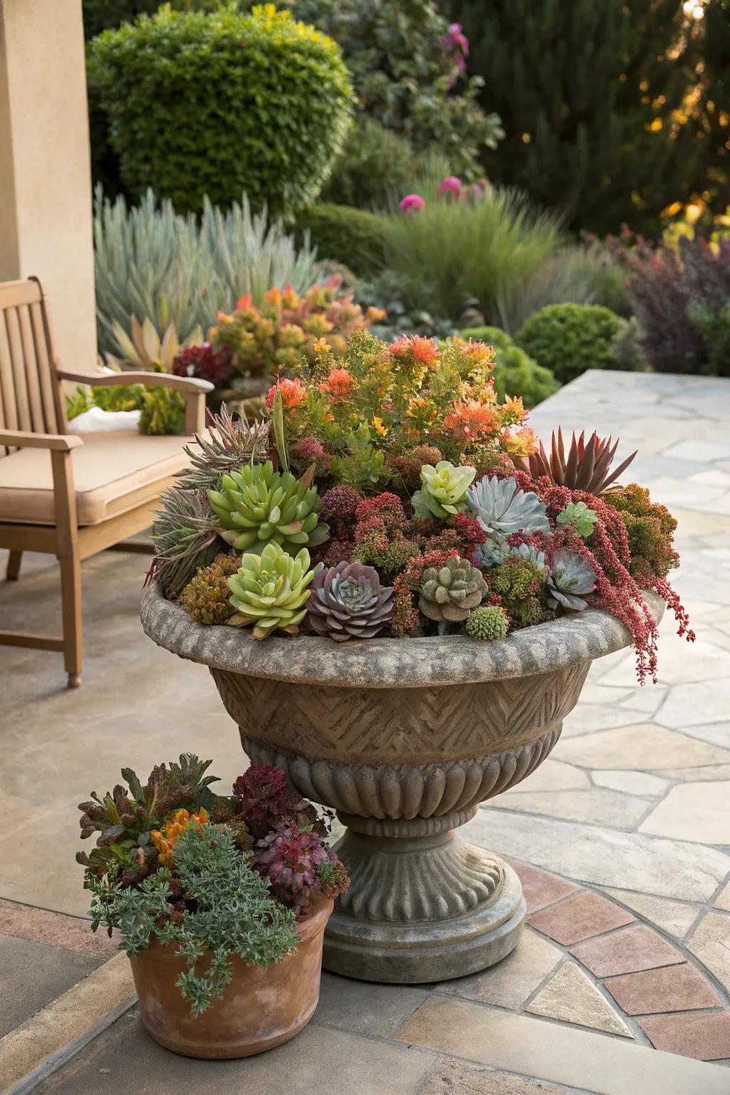 A large planter serves as a striking focal point