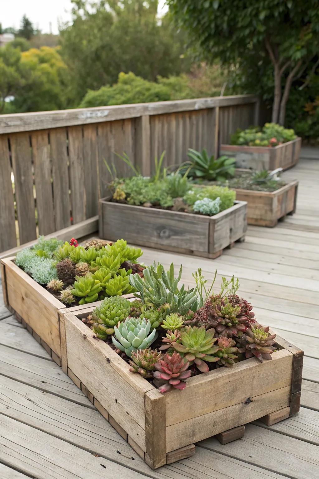 Rustic wooden boxes make delightful planters