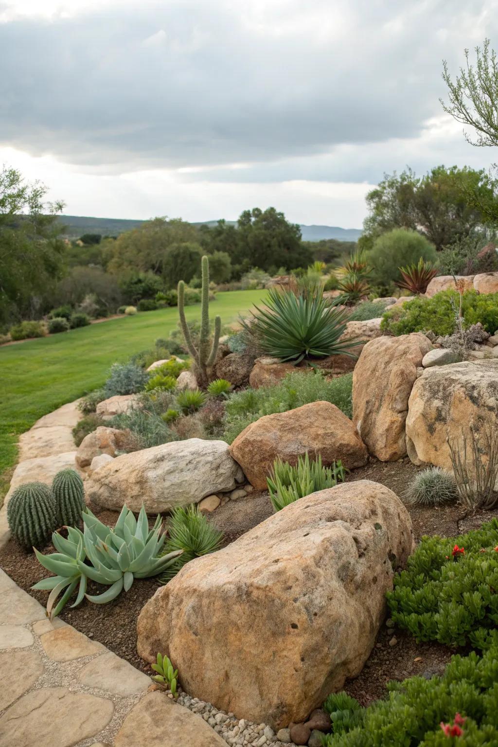 Natural borders formed by rocks provide structure and style.