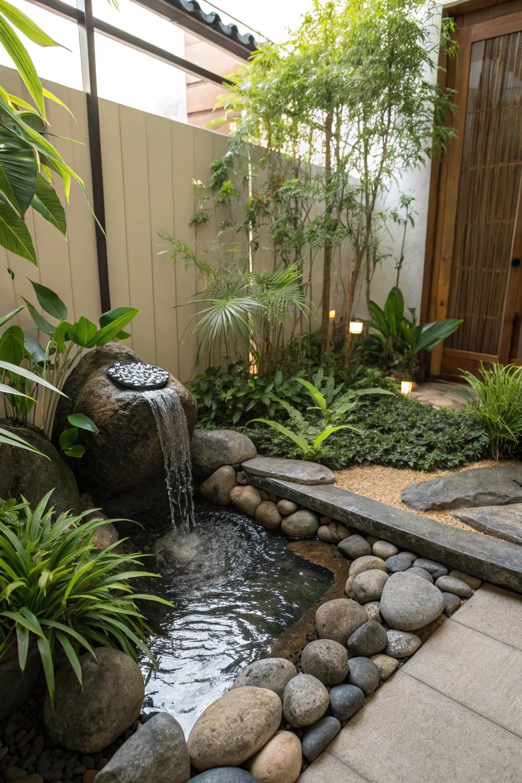 A tranquil Zen garden corner with a soothing water feature.