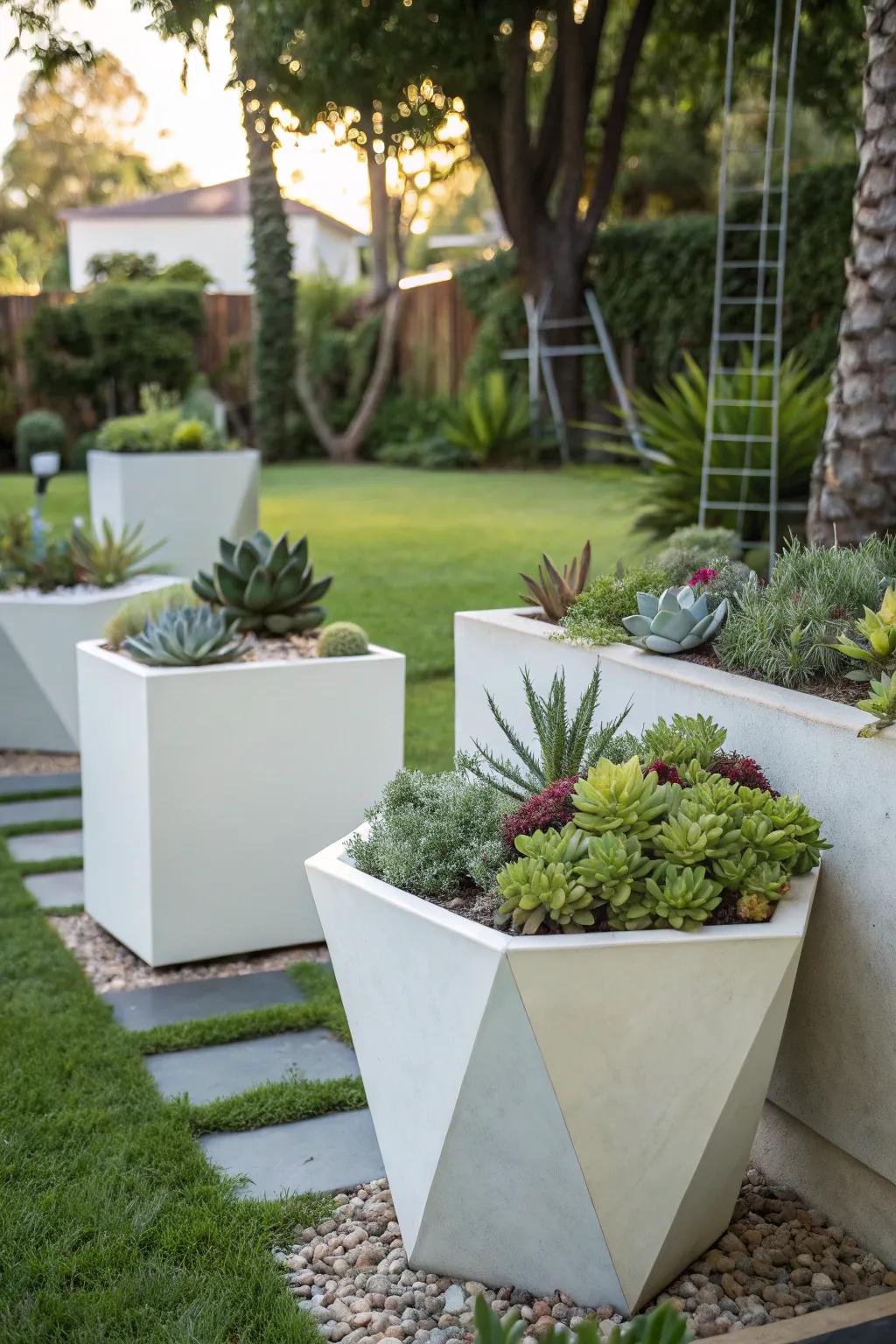 Geometric planters add a sleek, modern touch to any summer garden.