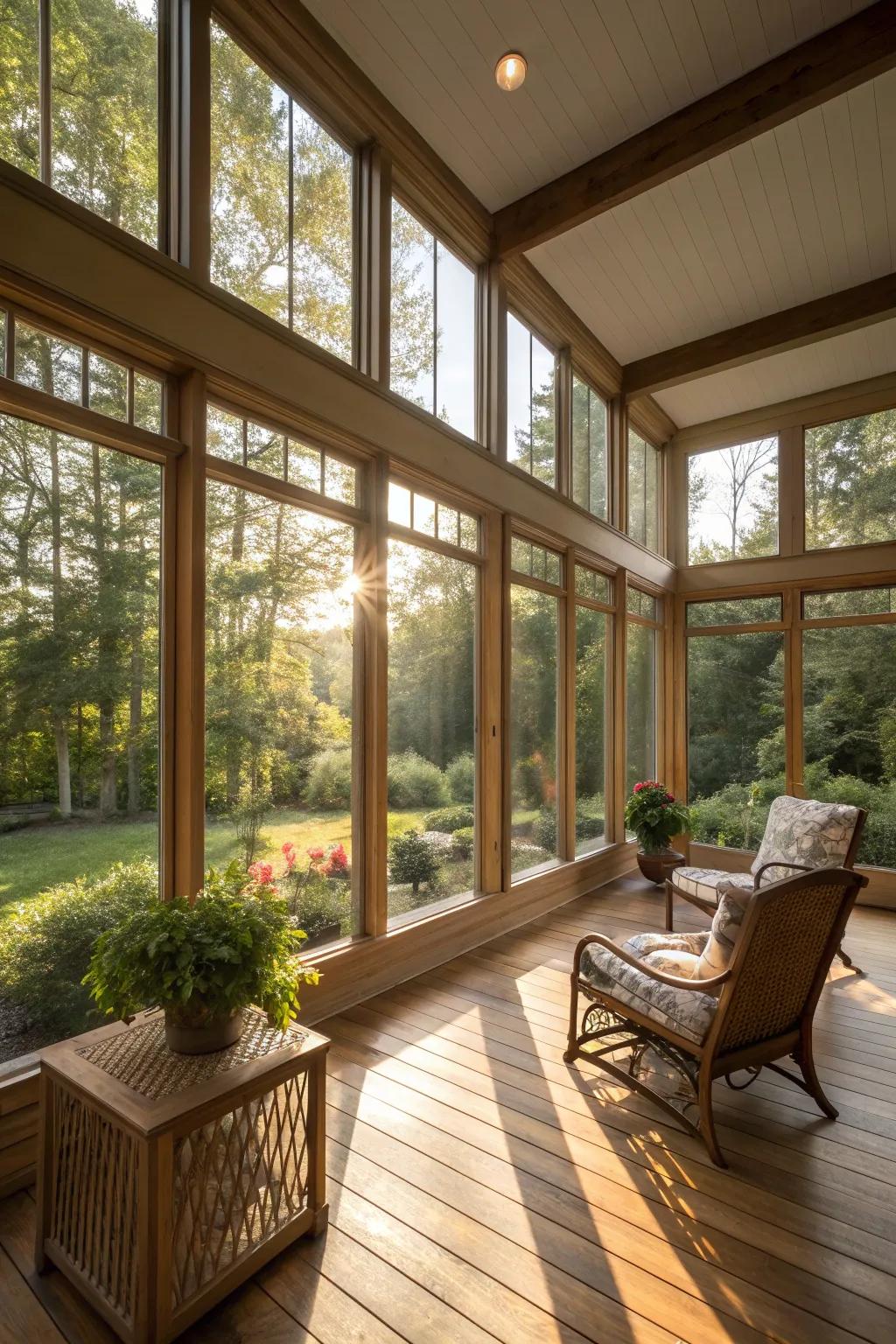 Floor-to-ceiling windows allow ample sunlight into the sun porch.