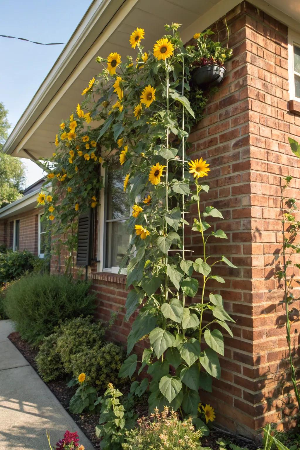 A vertical sunflower wall bringing color and life to limited spaces.