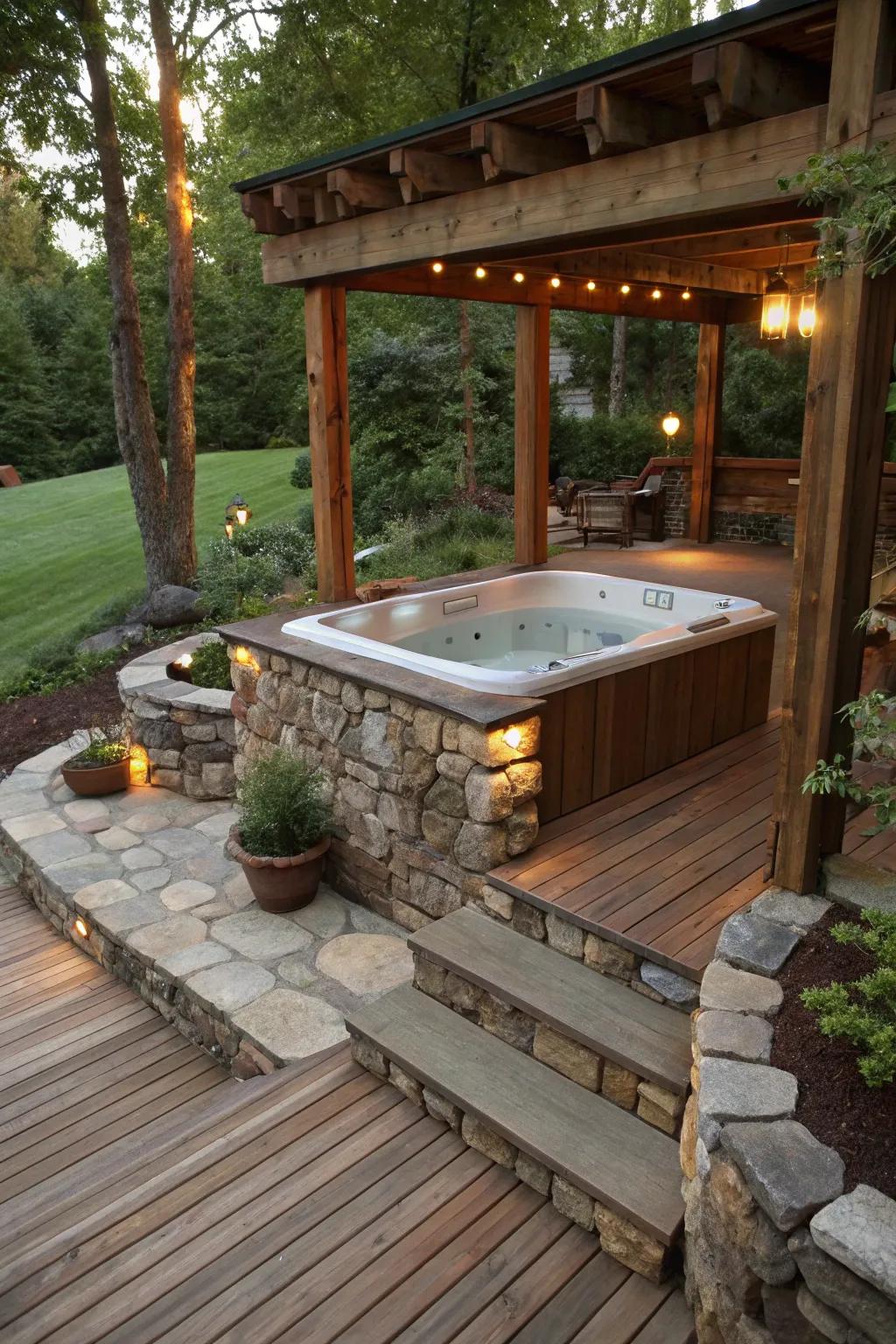 A rustic sunken hot tub deck blending seamlessly with natural surroundings.