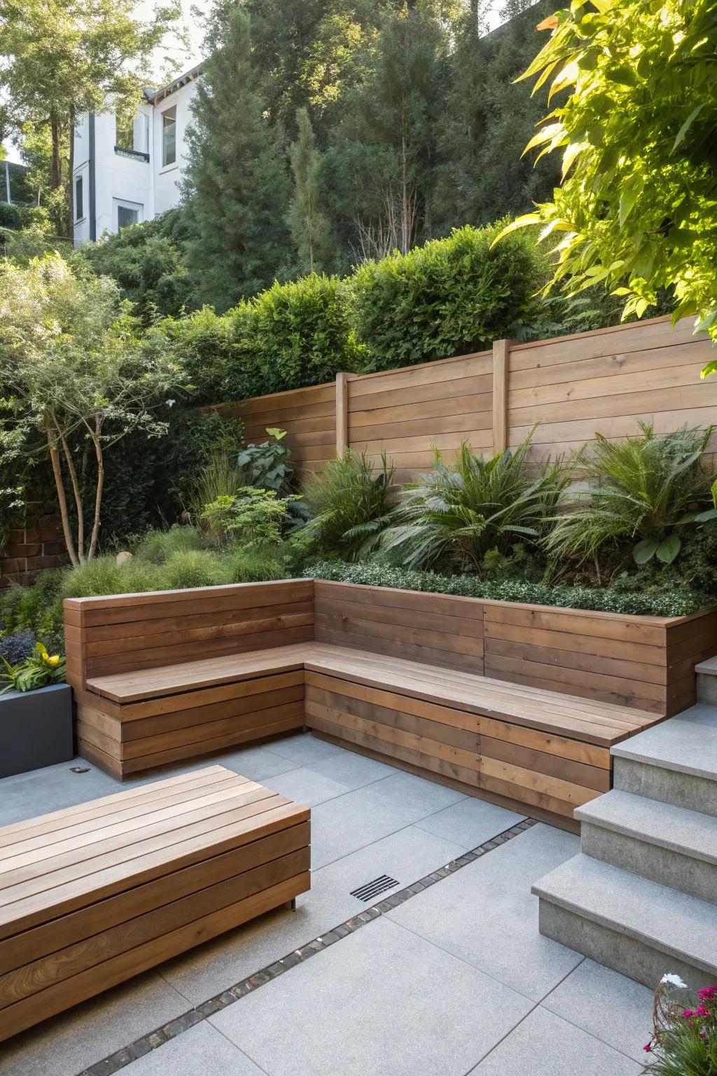 Sunken patio with built-in benches offering a seamless seating solution.
