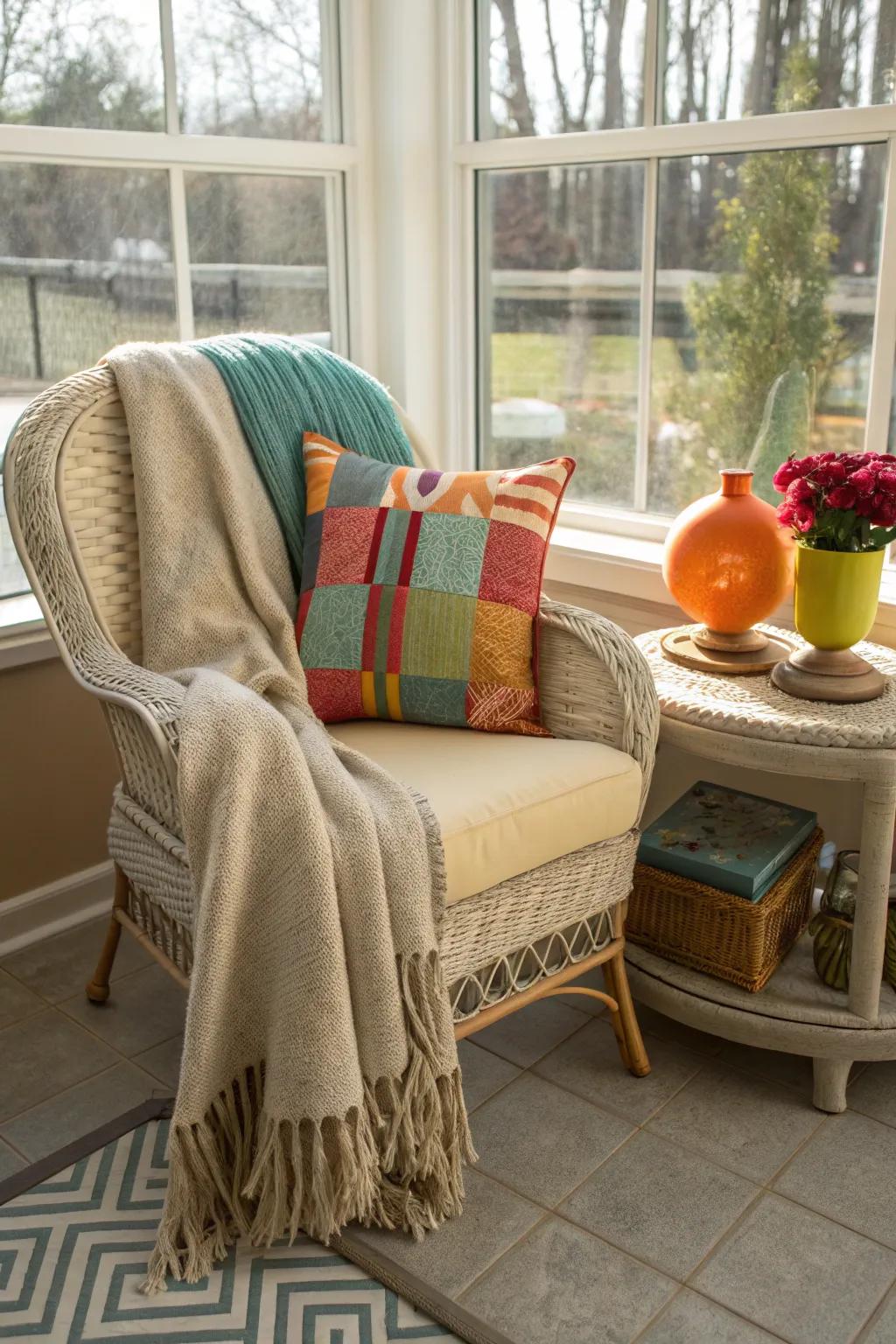 A sunroom chair dressed with vibrant cushions and a throw for added comfort.