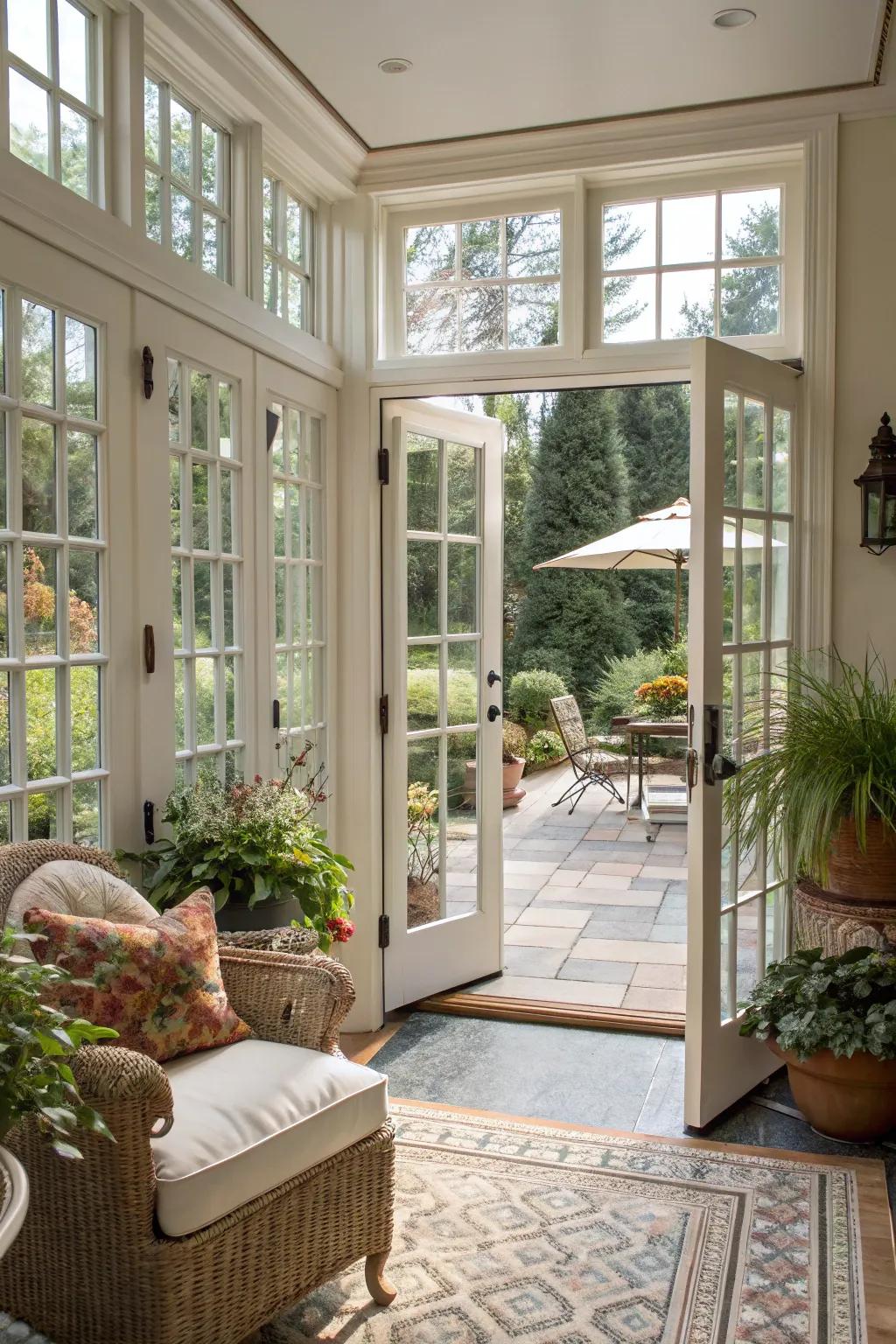 Elegant French doors providing a sophisticated transition to the patio.