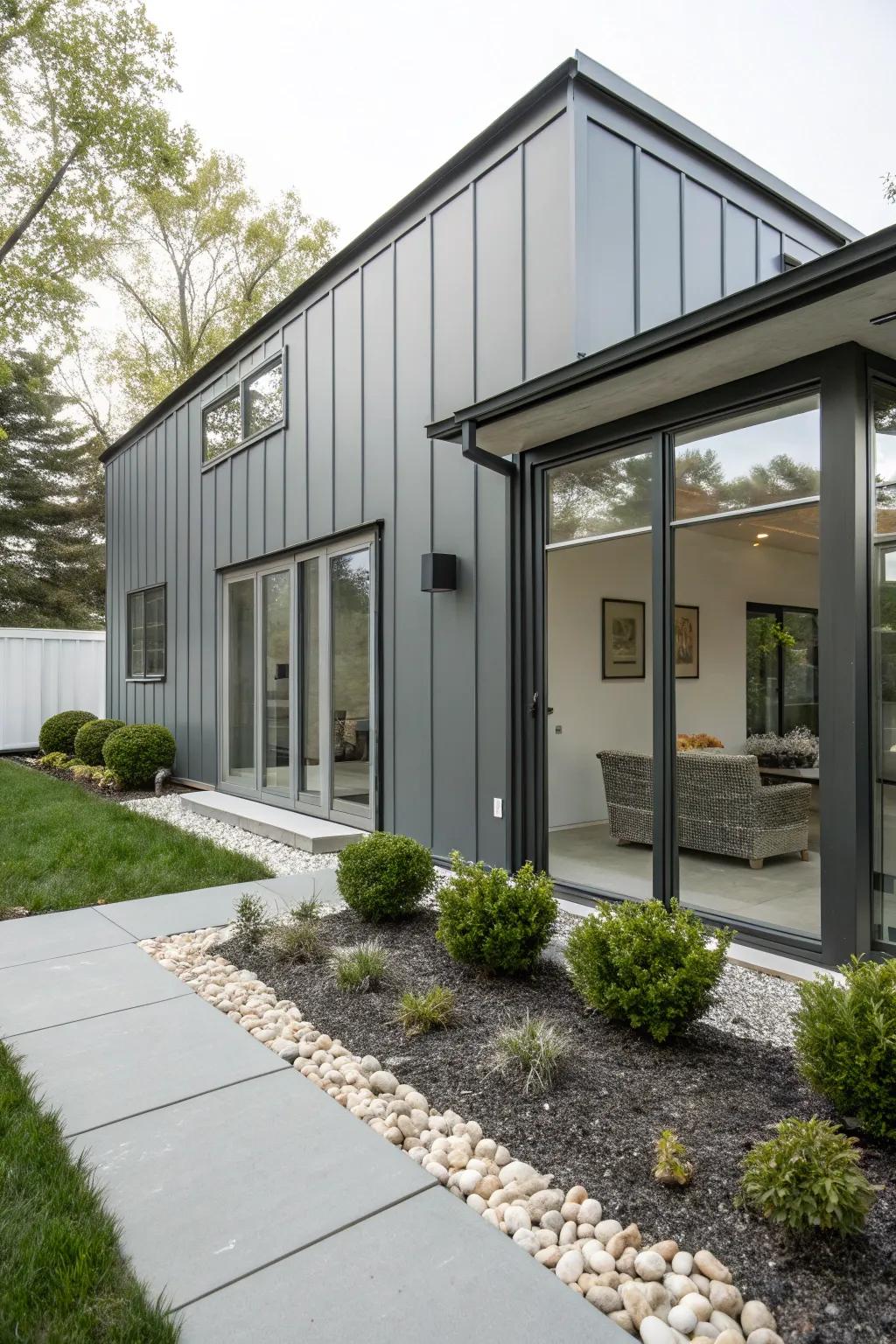 A sunroom featuring modern metal panel siding, exuding contemporary elegance.