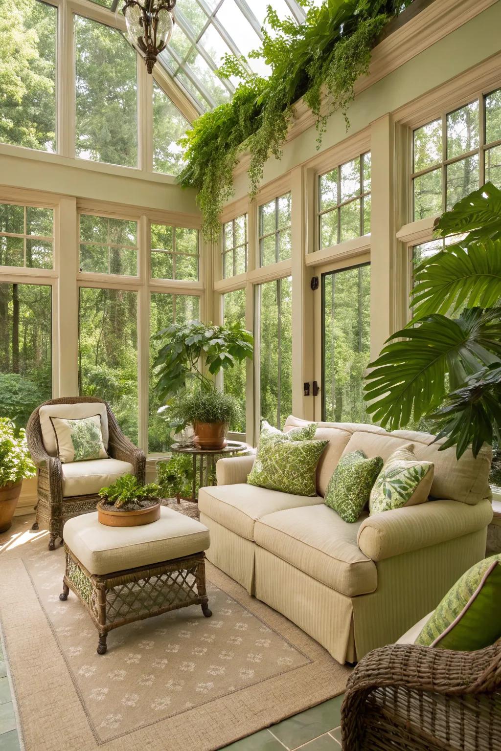 Neutral tones harmonize with natural greenery for a soothing retreat.