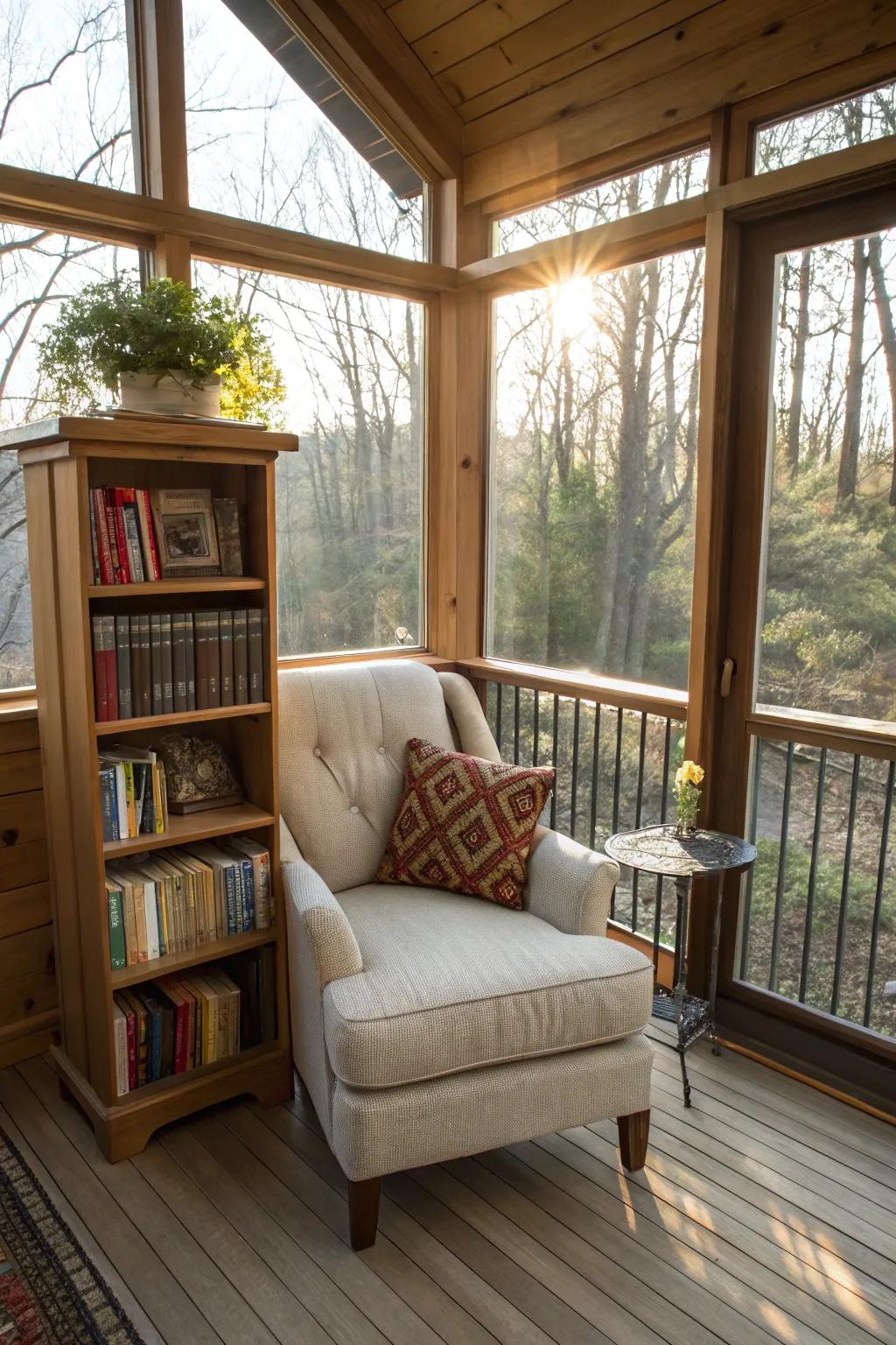 A cozy nook for book lovers in a sunroom on a deck.