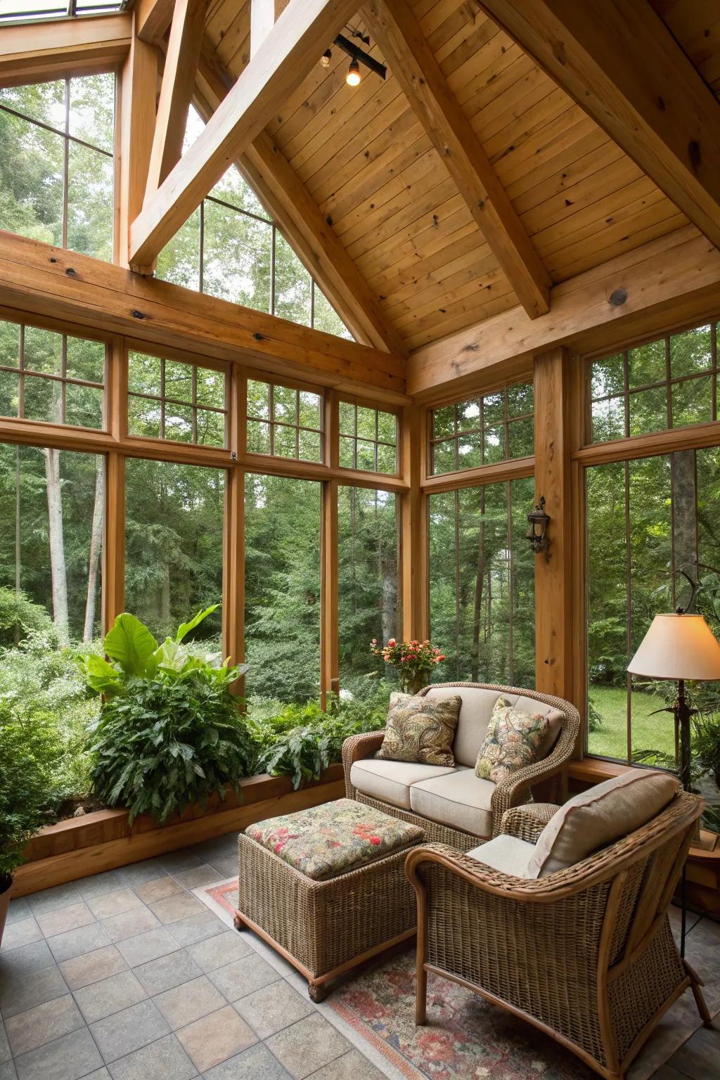Wooden beams add rustic charm to your sunroom roof.