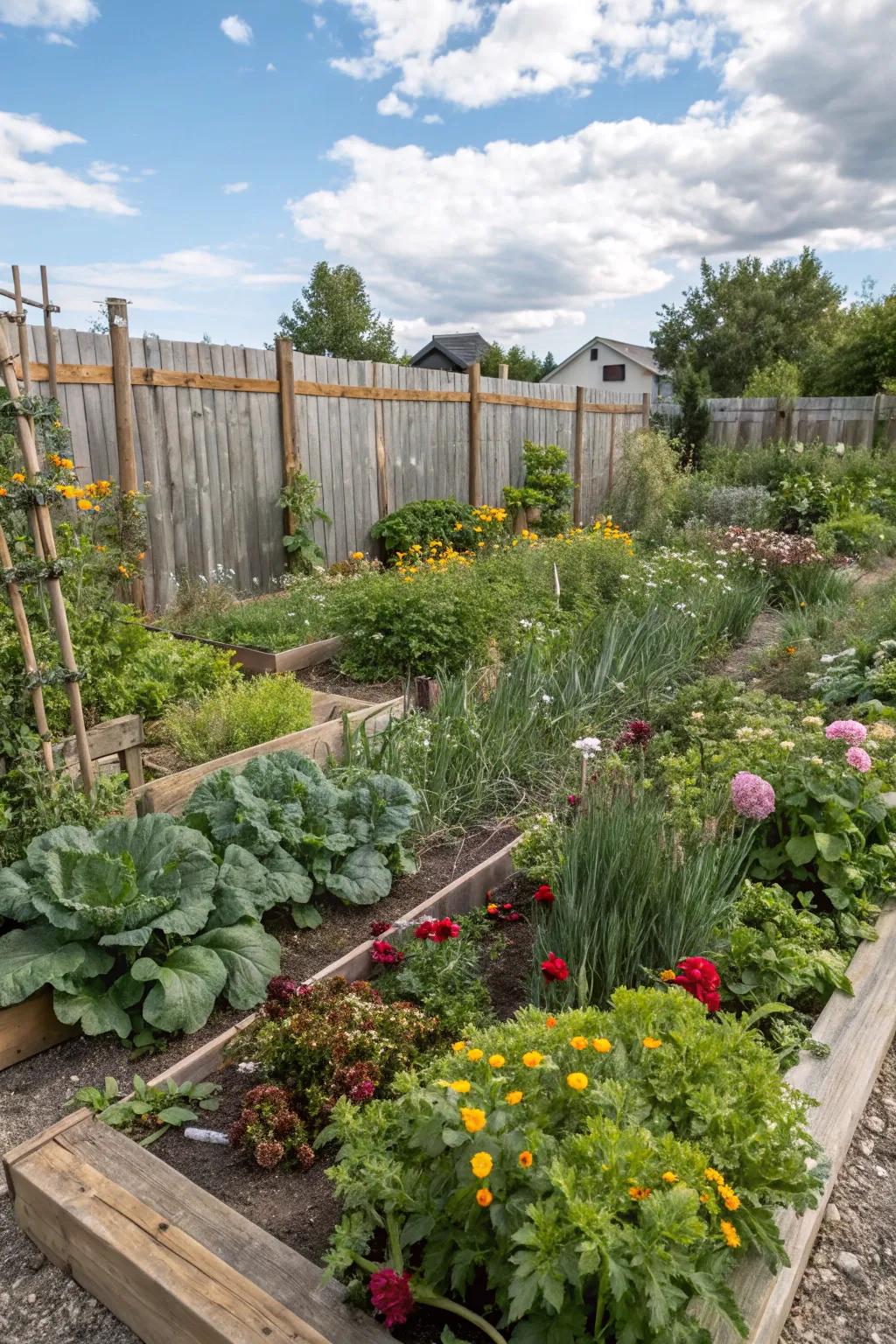 A permaculture garden with diverse, complementary plantings.
