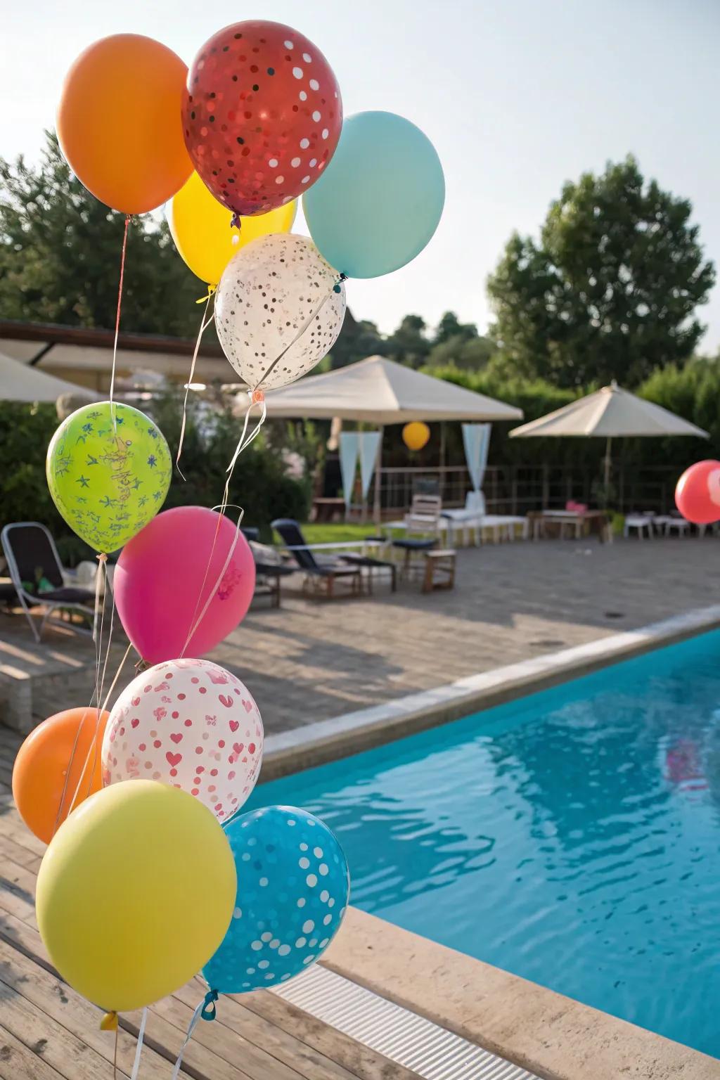 A vibrant array of balloons creates a festive atmosphere around the pool.