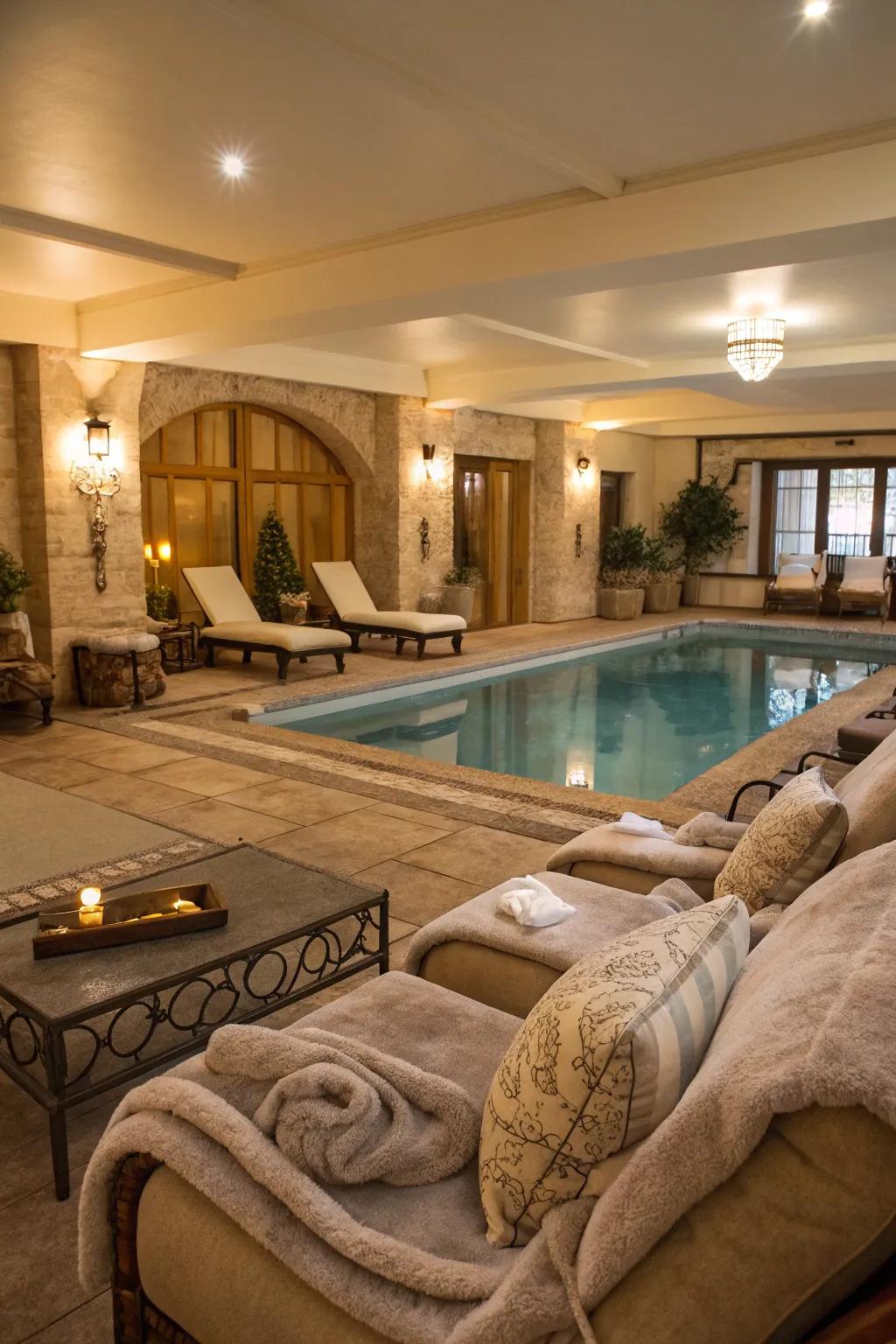 Plush seating areas beside the pool offer perfect relaxation spots.