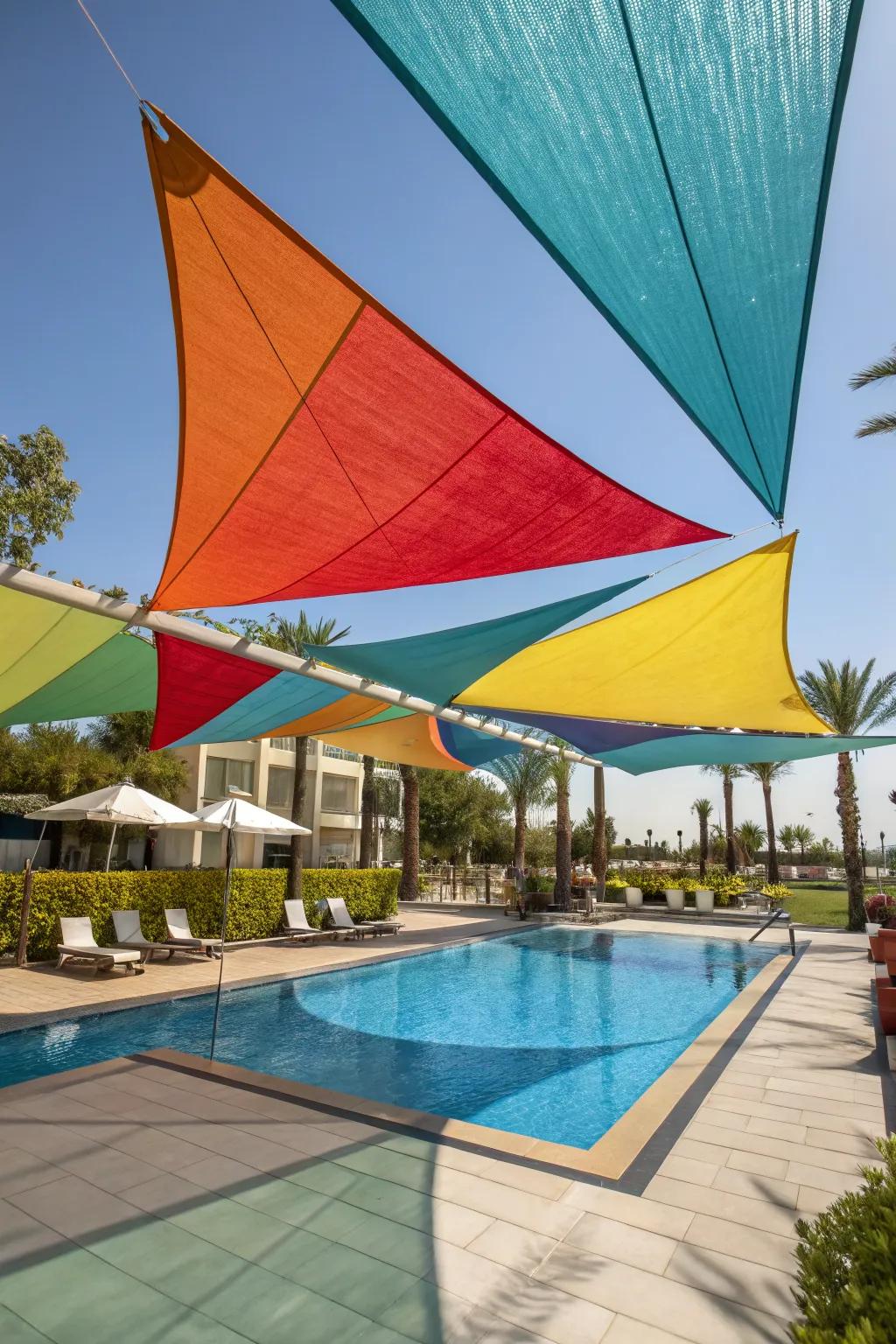 Liven up your poolside with colorful shade sails.